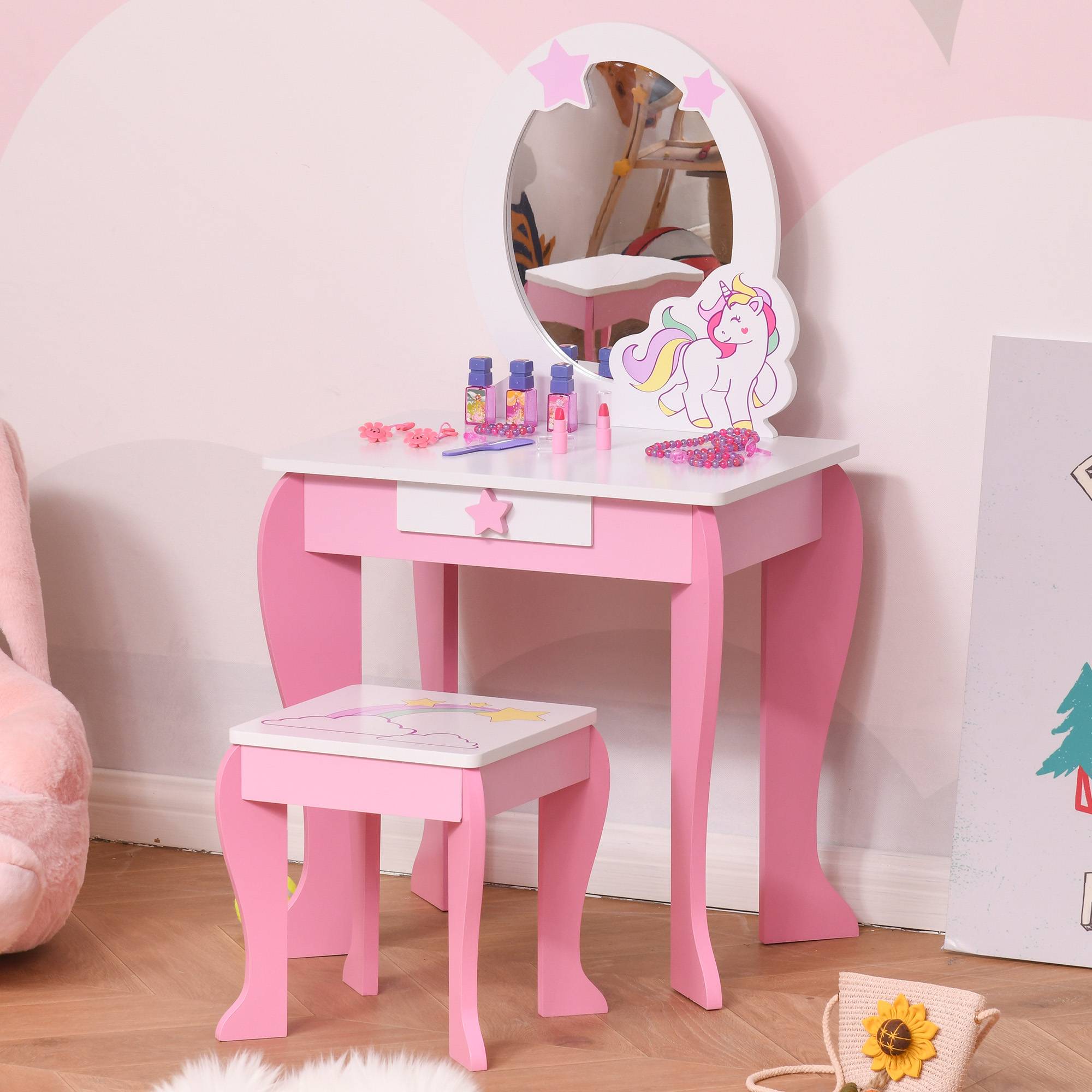 Sans Marque - Miroir jouet avec tiroir et tabouret de jeu pour filles de 3 à 6 ans - Image 3