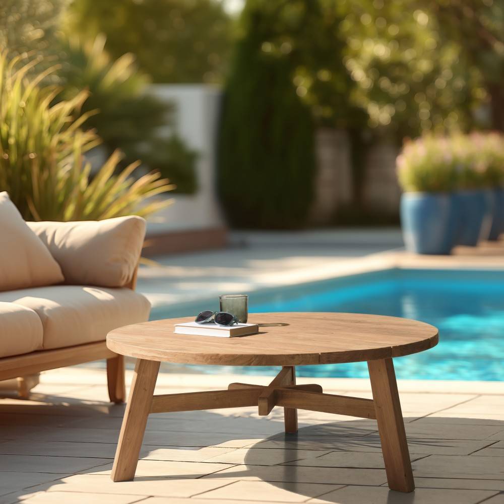 Macabane - KALLY - Table basse de jardin ronde en bois de teck recyclé naturel D95cm - Image 2