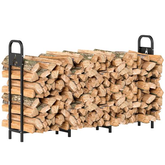 Support à bûches extérieur en métal, capacité de 300 kg, avec pieds renforcés et foyer découpé, noir - Image 1