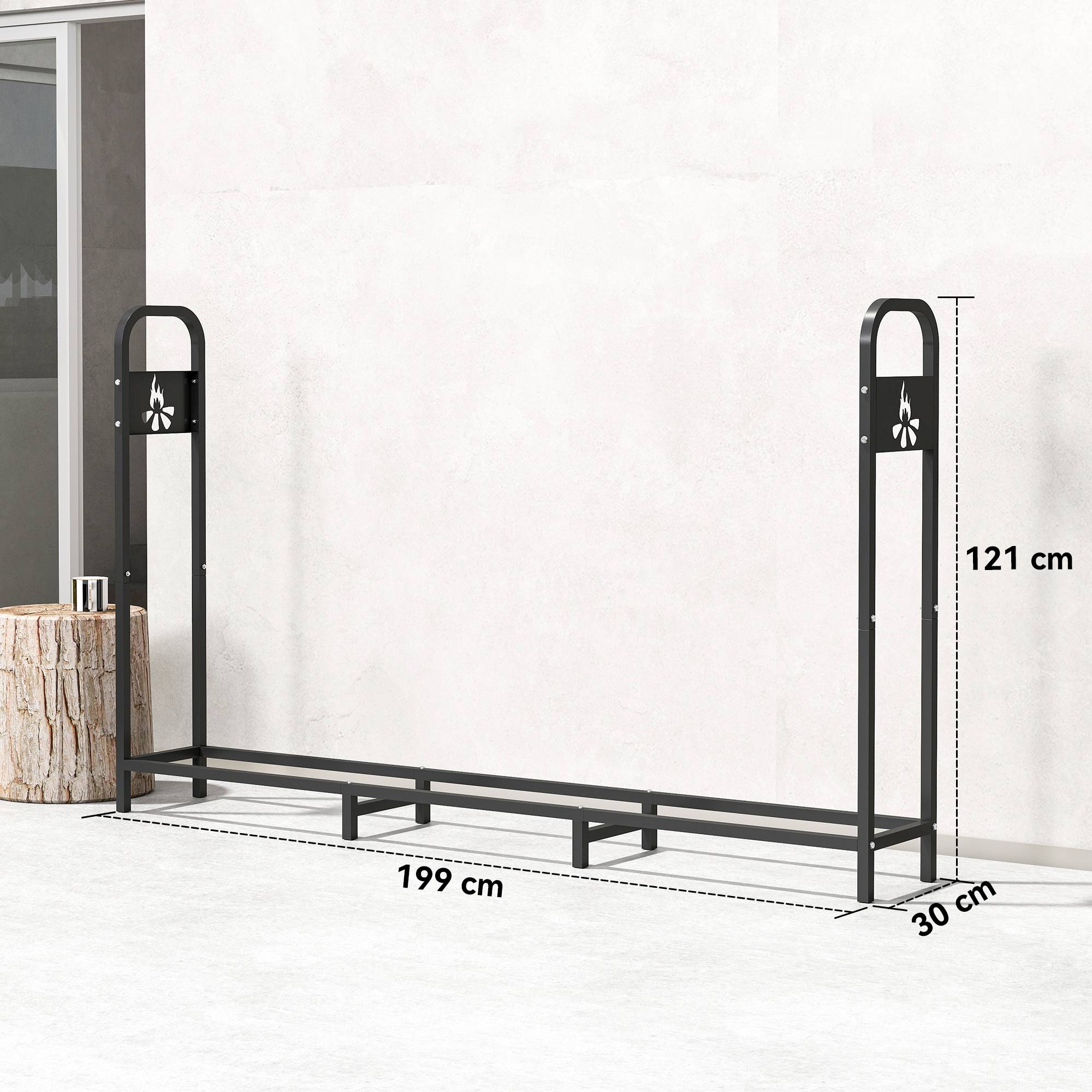 Support à bûches extérieur en métal, capacité de 300 kg, avec pieds renforcés et foyer découpé, noir - Image 5