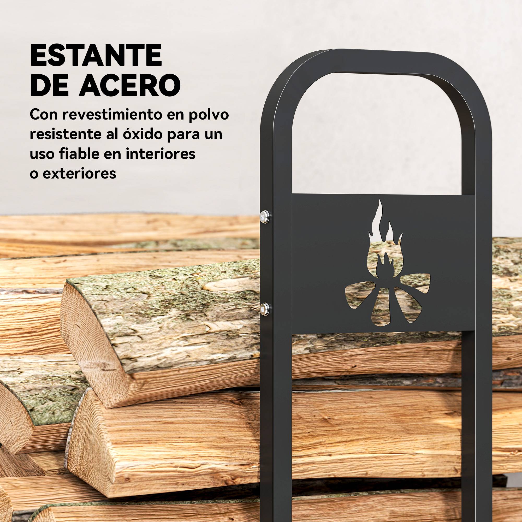 Support à bûches extérieur en métal, capacité de 300 kg, avec pieds renforcés et foyer découpé, noir - Image 7
