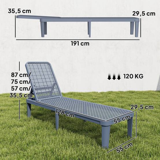 Sans Marque - Chaise longue de jardin inclinable avec dossier réglable 4 positions et structure en PP 191 x 55 x 35,5 cm Gris foncé - Image 4