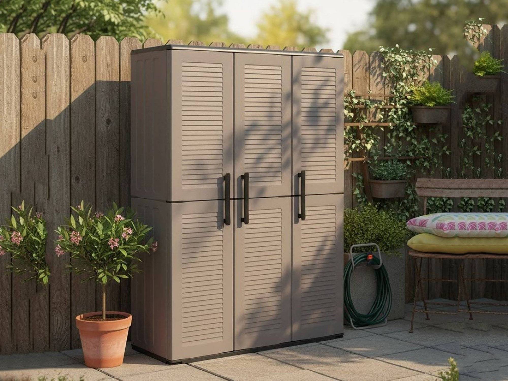 Dmora - Armoire d'extérieur Daltinie, Mobilier d'extérieur, Armoire de balcon polyvalente, Gris et Noir, Finition rayée, 102x37h163 cm - Dmora - Imagen 6