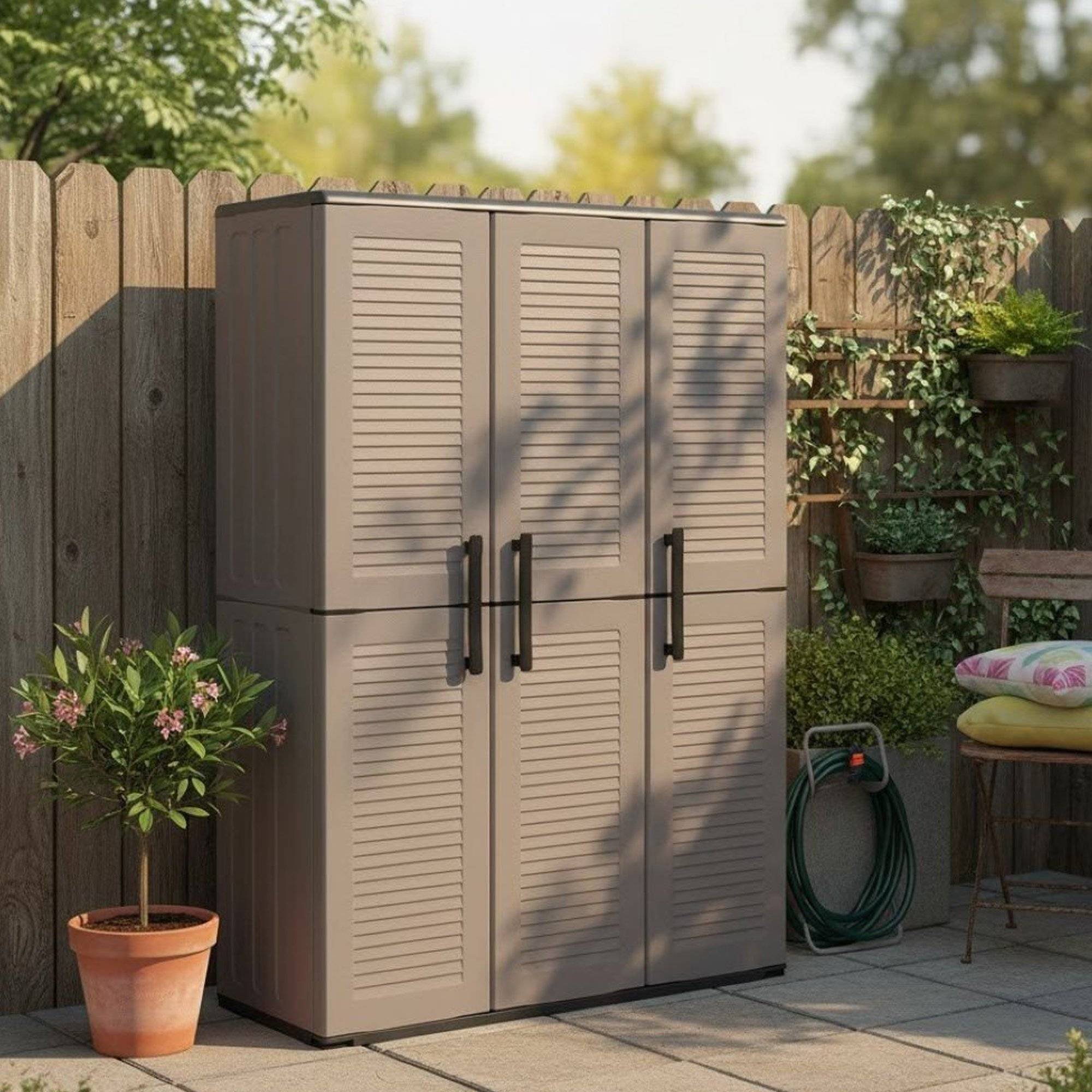 Dmora - Armoire d'extérieur Daltinie, Mobilier d'extérieur, Armoire de balcon polyvalente, Gris et Noir, Finition rayée, 102x37h163 cm - Dmora - Imagen 2