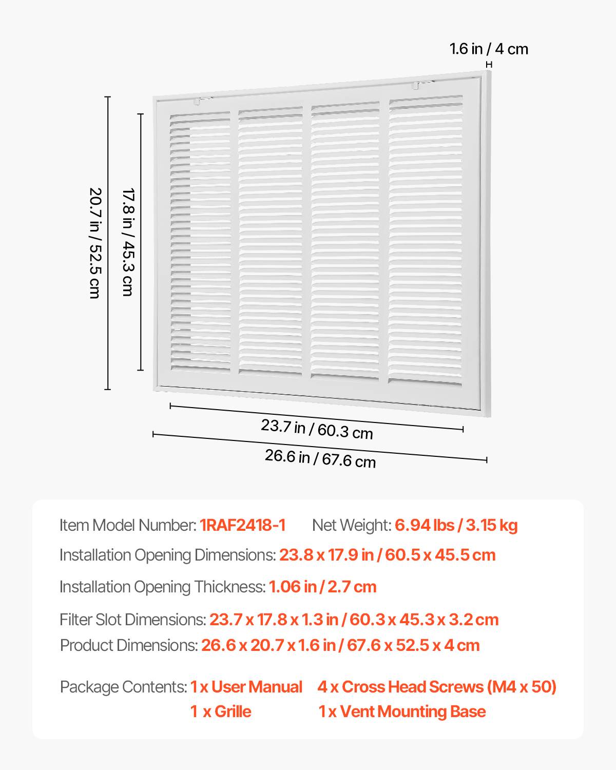 VEVOR Grille retour air 60.5x45.5cm, acier, ventilation, filtre non inclus. - Image 7