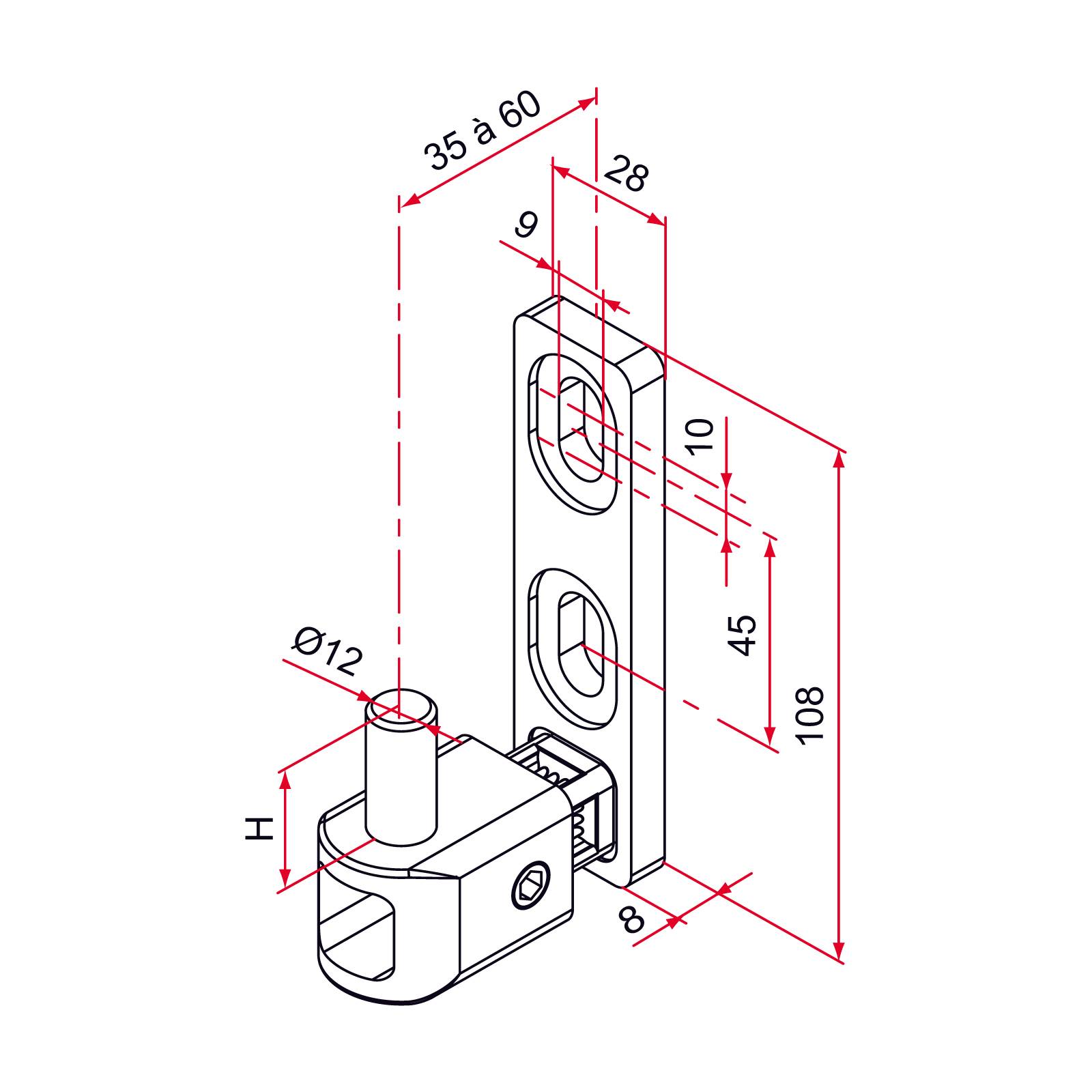 Gond de portail MULTIFIX L à axe réglable de 35 à 60mm pivot diamètre ...