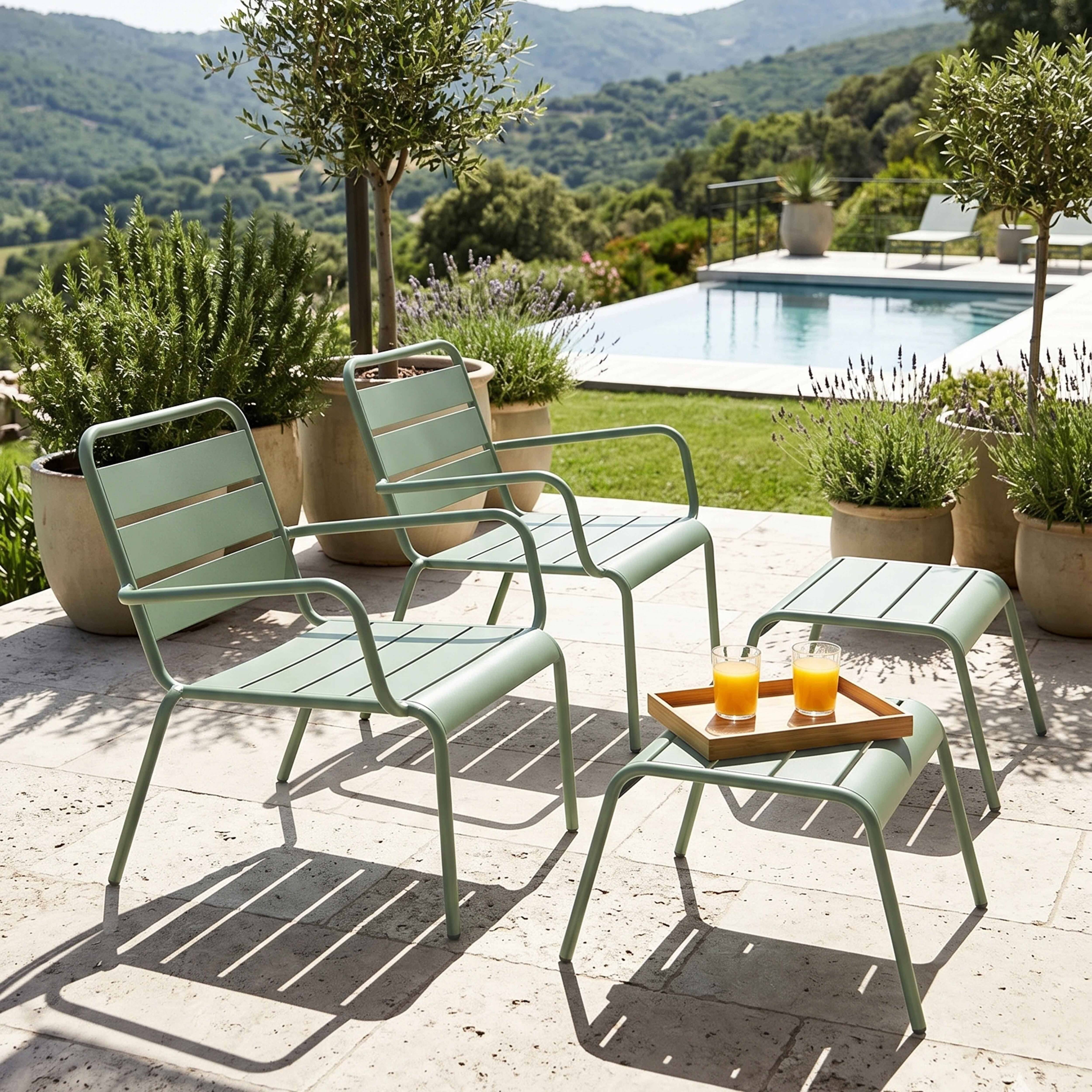Oviala - Lot de 2 fauteuils relax avec repose-pieds en métal vert sauge Palavas - Oviala - Imagen 2
