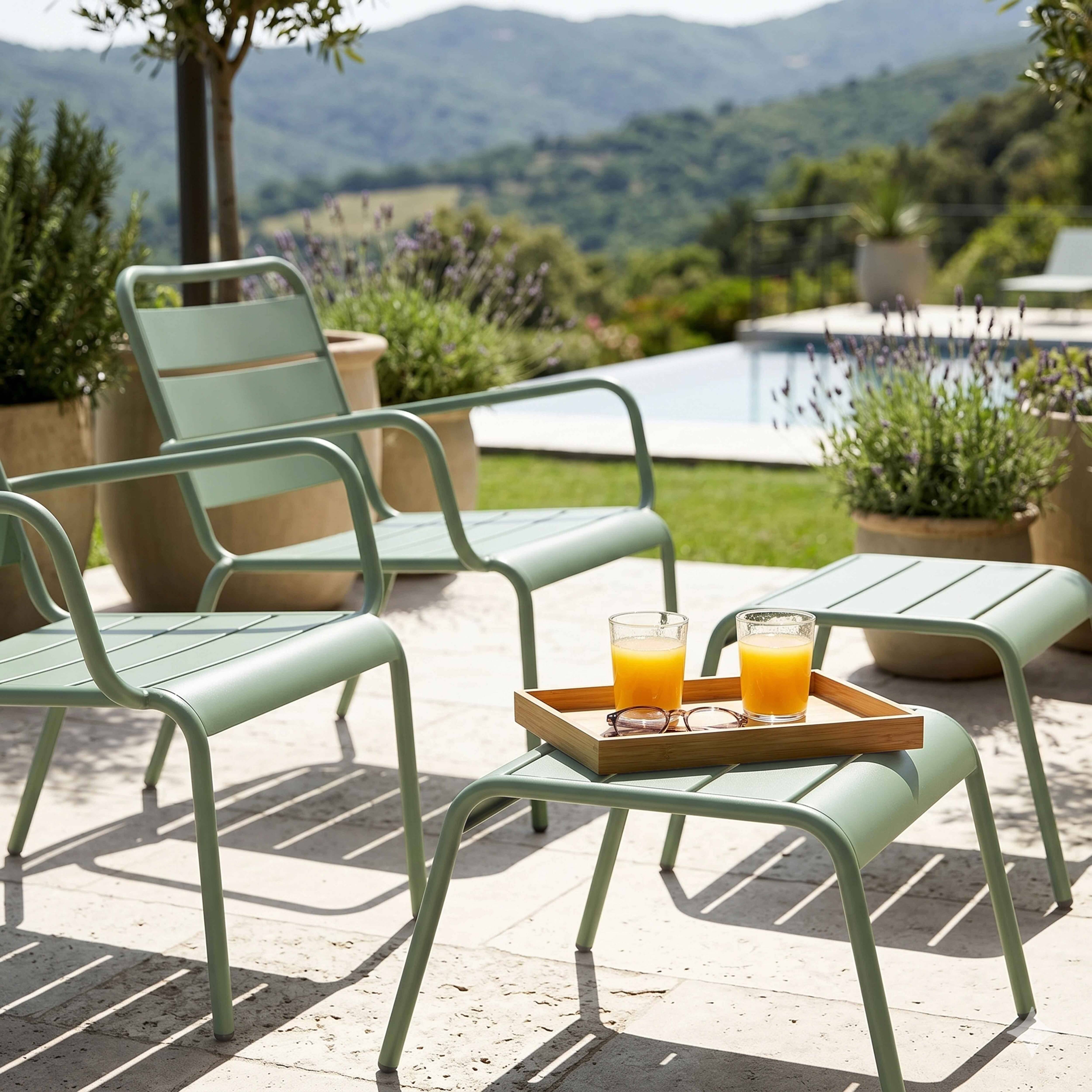 Oviala - Lot de 2 fauteuils relax avec repose-pieds en métal vert sauge Palavas - Oviala - Imagen 4