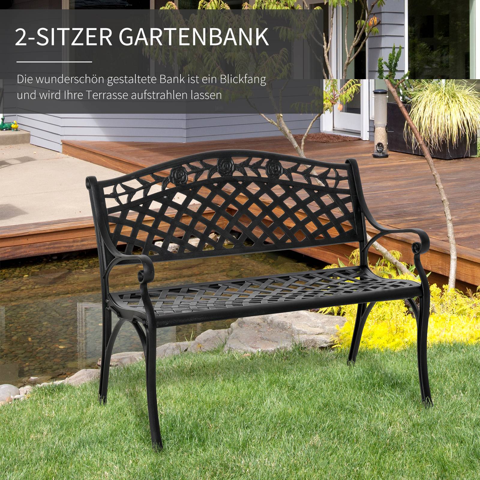 ComfortXL - Banc de jardin aluminium noir 102,5 x 61 x 84 cm terrasse balcon extérieur 2 places dossier haut accoudoirs - Image 6