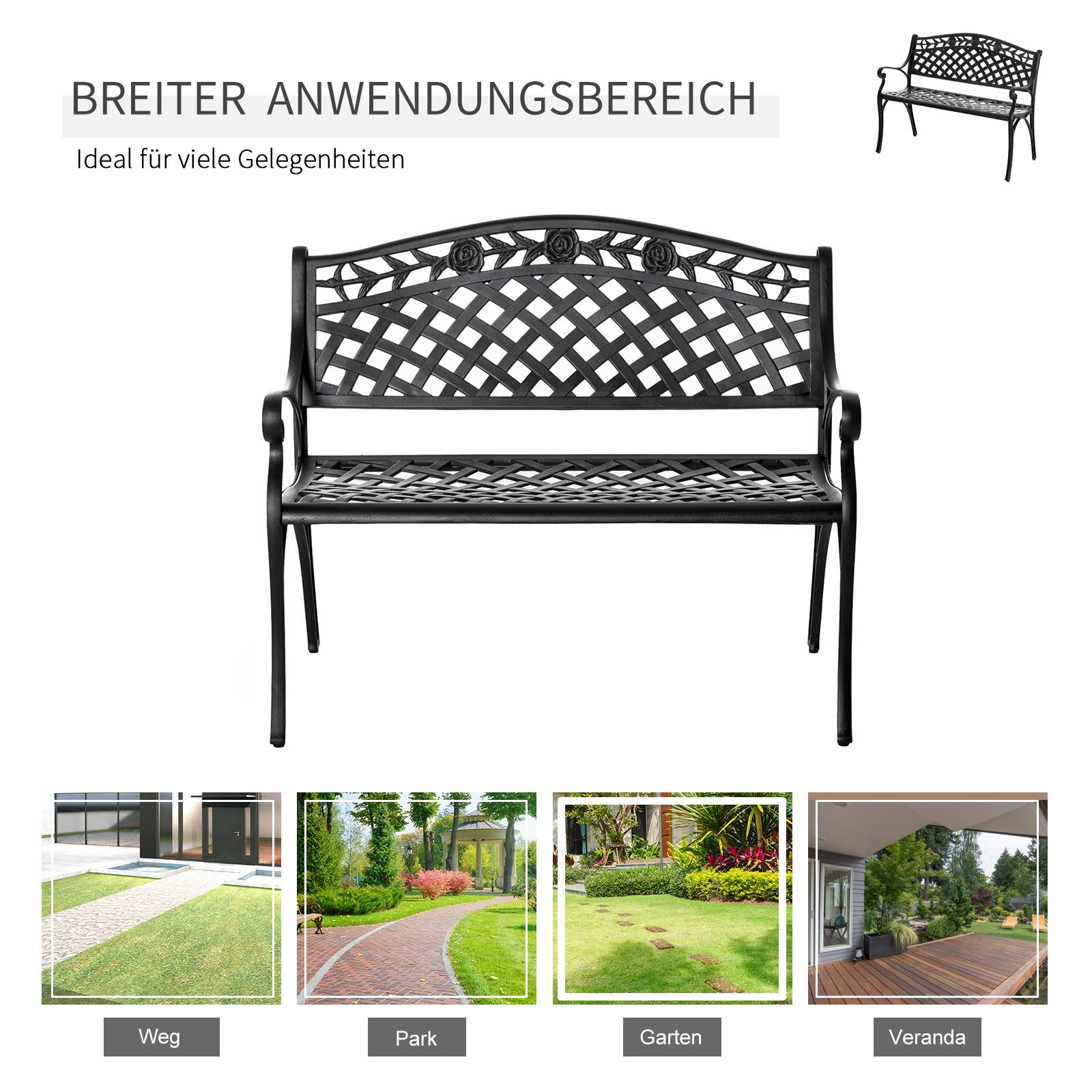 ComfortXL - Banc de jardin aluminium noir 102,5 x 61 x 84 cm terrasse balcon extérieur 2 places dossier haut accoudoirs - Image 4