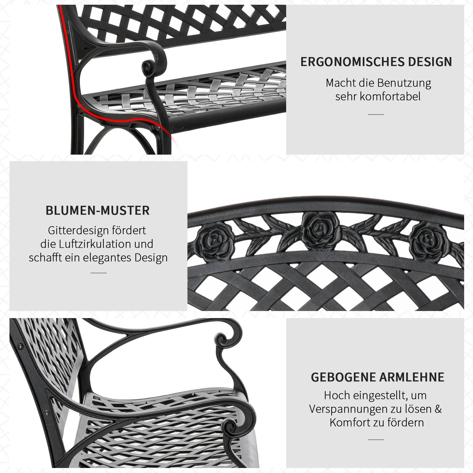 ComfortXL - Banc de jardin aluminium noir 102,5 x 61 x 84 cm terrasse balcon extérieur 2 places dossier haut accoudoirs - Image 5