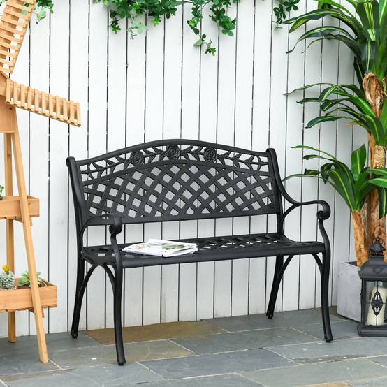 ComfortXL - Banc de jardin aluminium noir 102,5 x 61 x 84 cm terrasse balcon extérieur 2 places dossier haut accoudoirs - Image 1