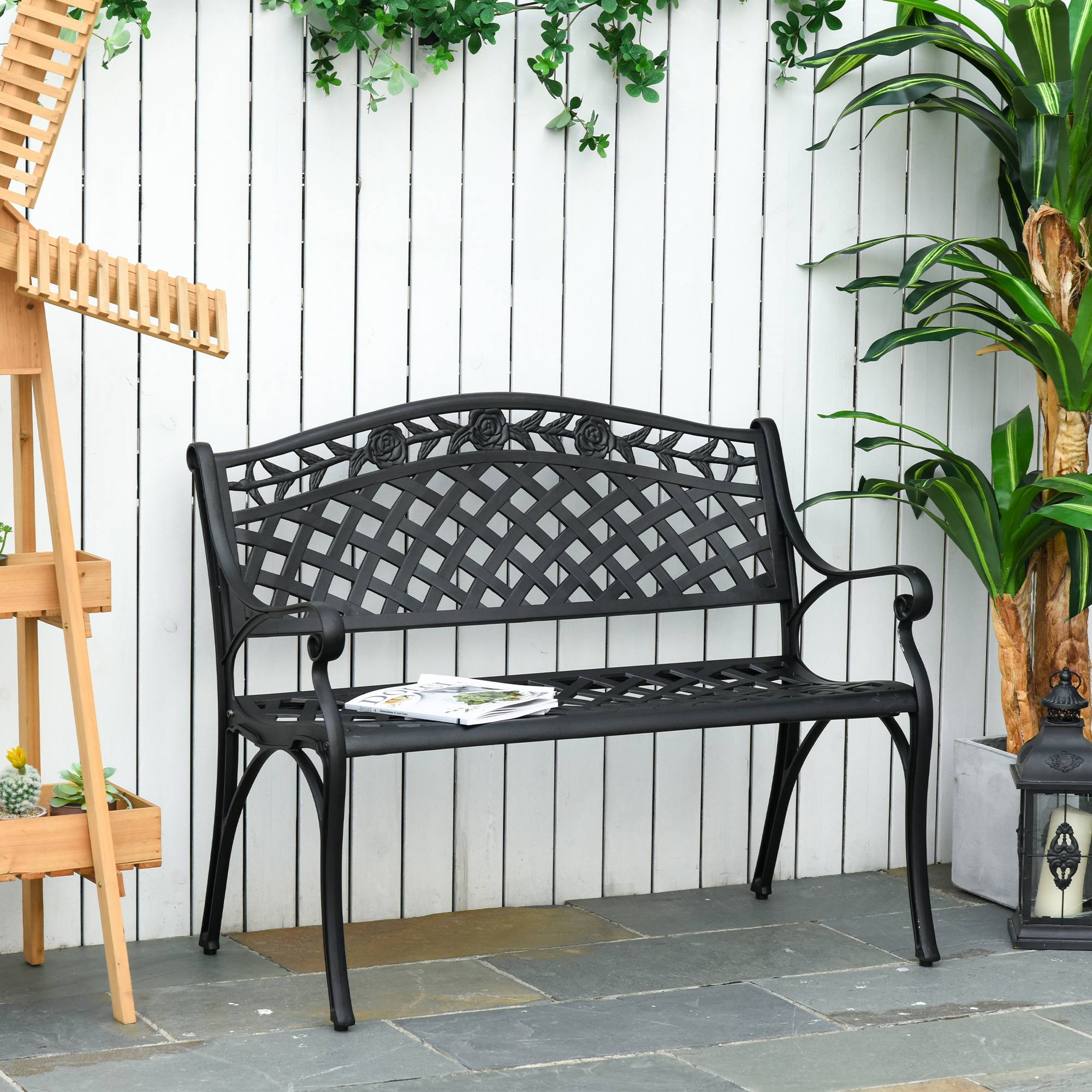 ComfortXL - Banc de jardin aluminium noir 102,5 x 61 x 84 cm terrasse balcon extérieur 2 places dossier haut accoudoirs