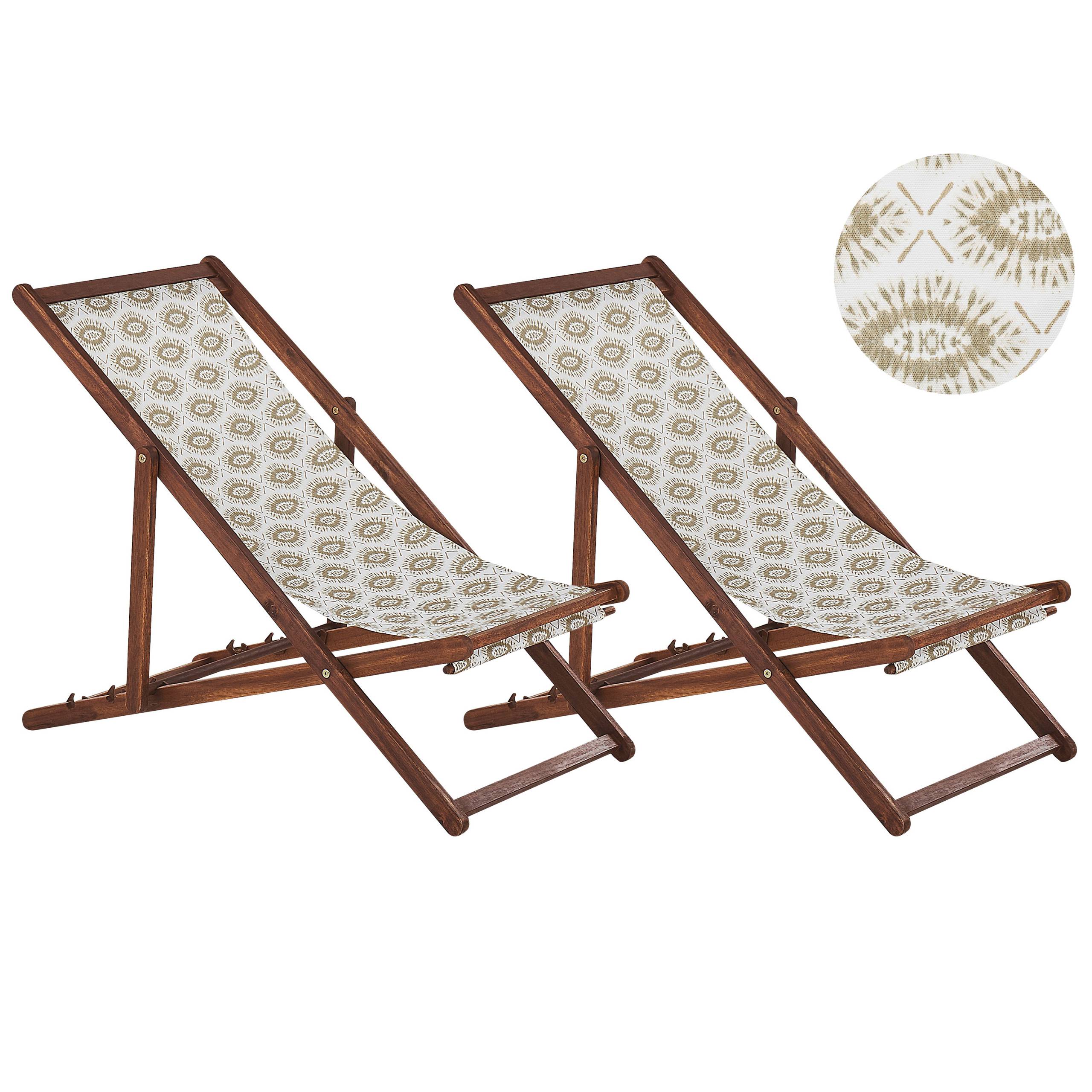 Beliani - 2 Transats Chiliennes Pliantes et Réglables en Bois d'Acacia Foncé et Textile Motif Boho avec Toiles de Remplacement - Imagen 1