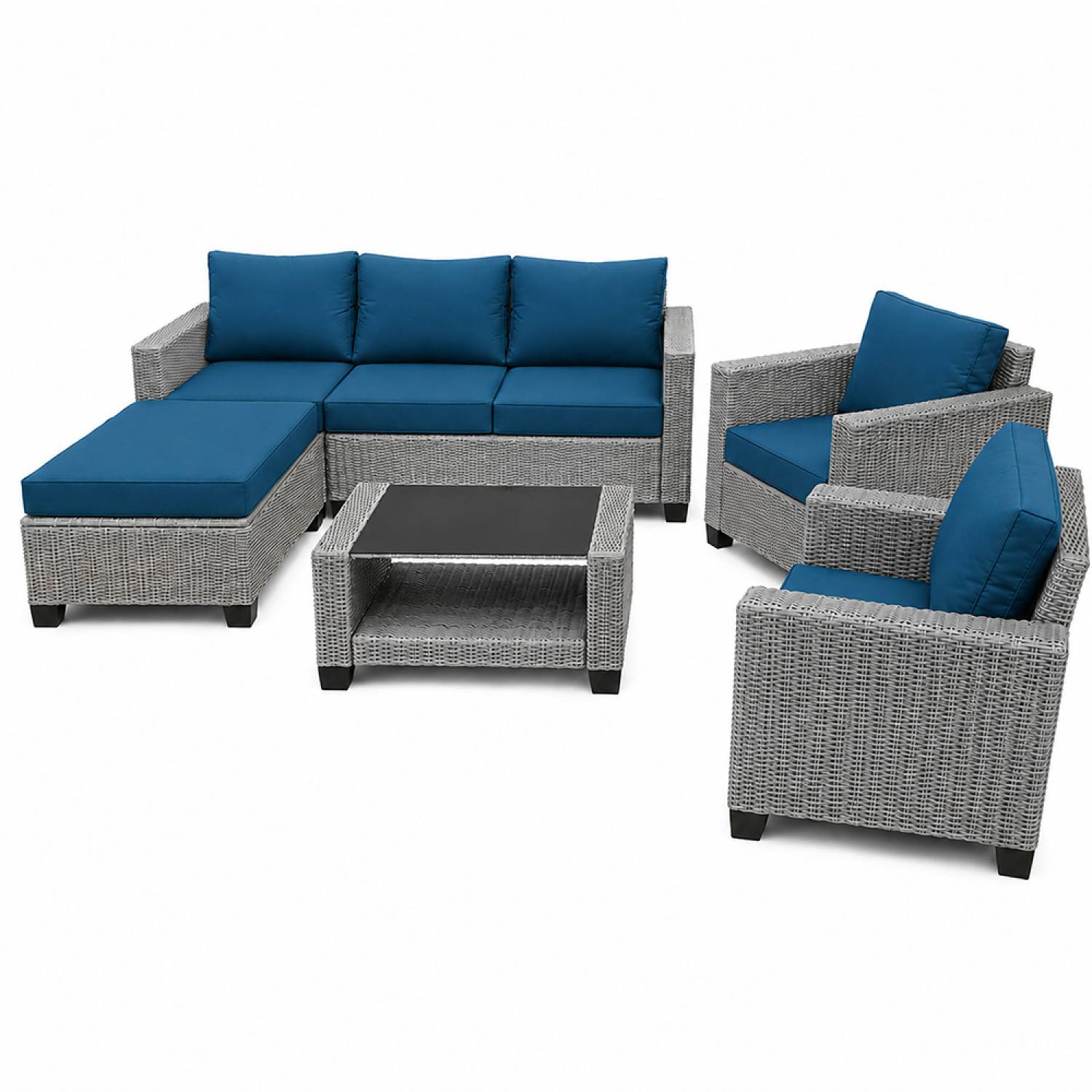 Salon de jardin 6 places modulable en résine tressée gris et bleu MARABO - Image 1