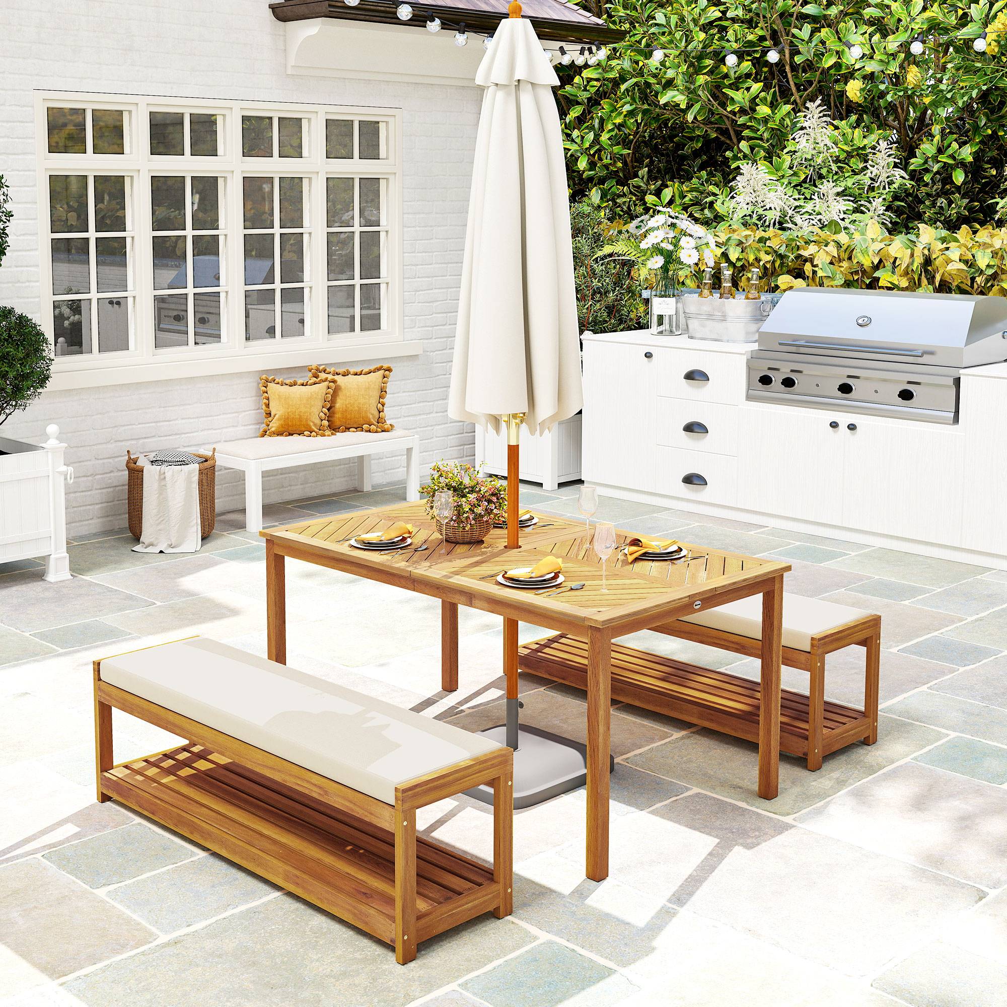 Ensemble de jardin 3 pièces : table à manger (trou parasol) + 2 bancs, 150x85x75 cm, teck - Image 2