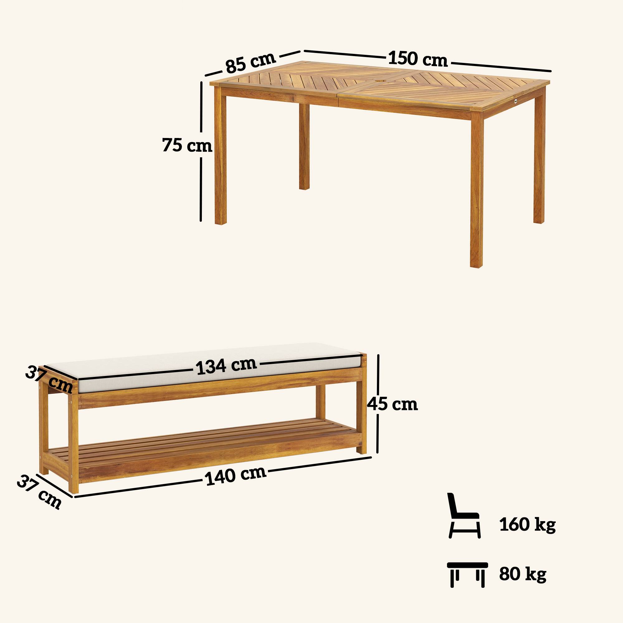 Ensemble de jardin 3 pièces : table à manger (trou parasol) + 2 bancs, 150x85x75 cm, teck - Image 3