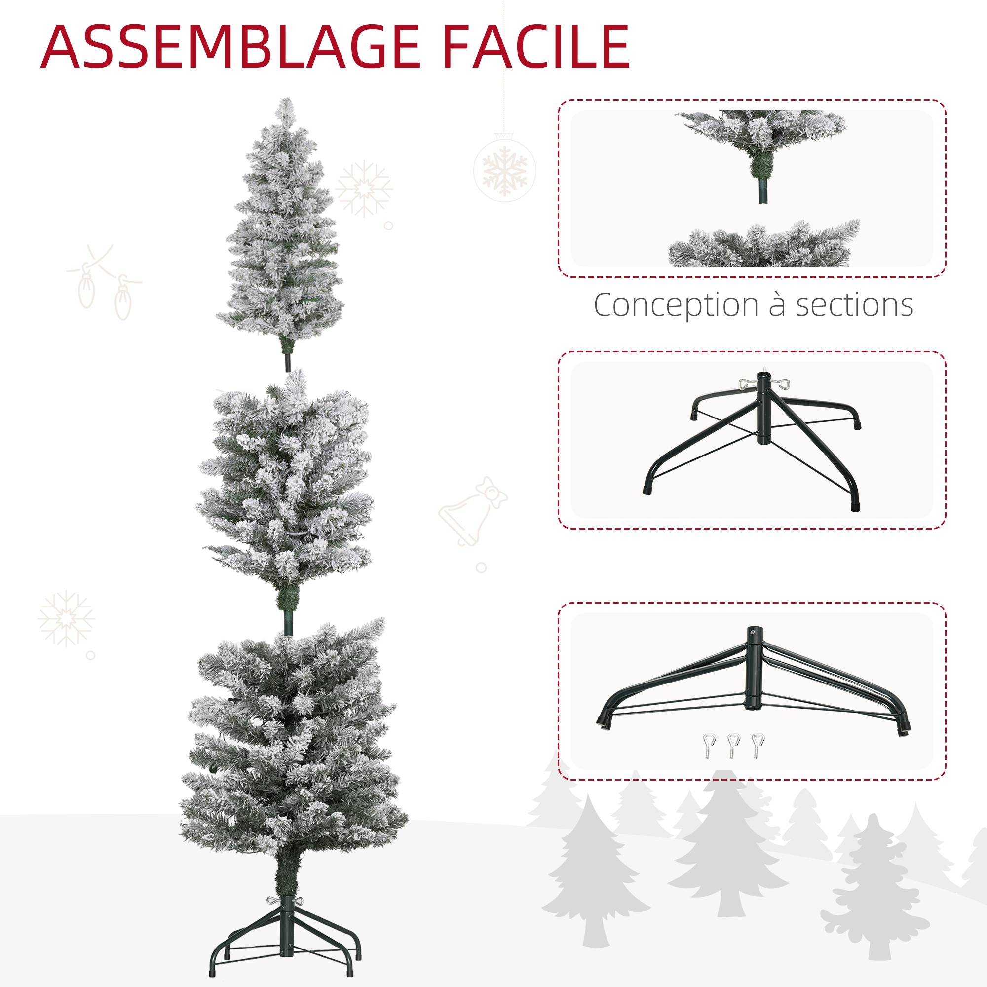 Sapin de Noël artificiel 150 cm avec éclairage LED blanc chaud, 263 branches enneigées, base en métal, réaliste et fin - Image 9