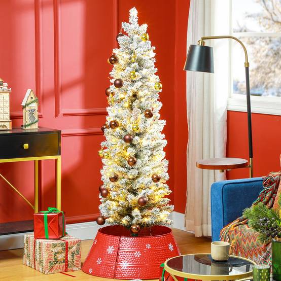 Sapin de Noël artificiel 150 cm avec éclairage LED blanc chaud, 263 branches enneigées, base en métal, réaliste et fin - Image 3