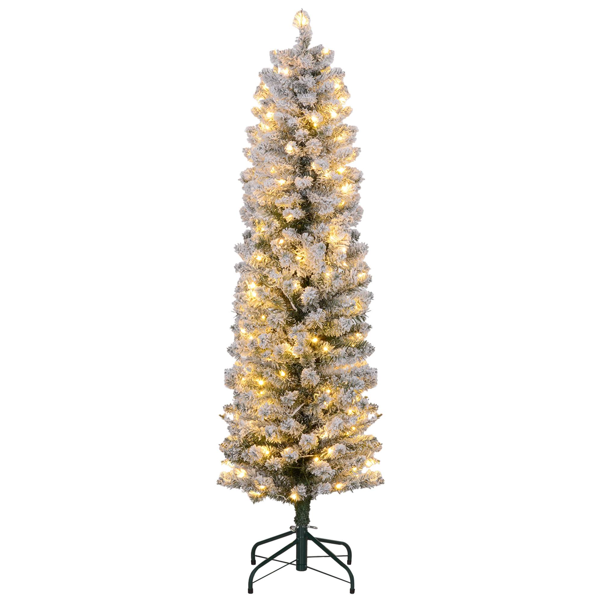 Sapin de Noël artificiel 150 cm avec éclairage LED blanc chaud, 263 branches enneigées, base en métal, réaliste et fin - Image 1