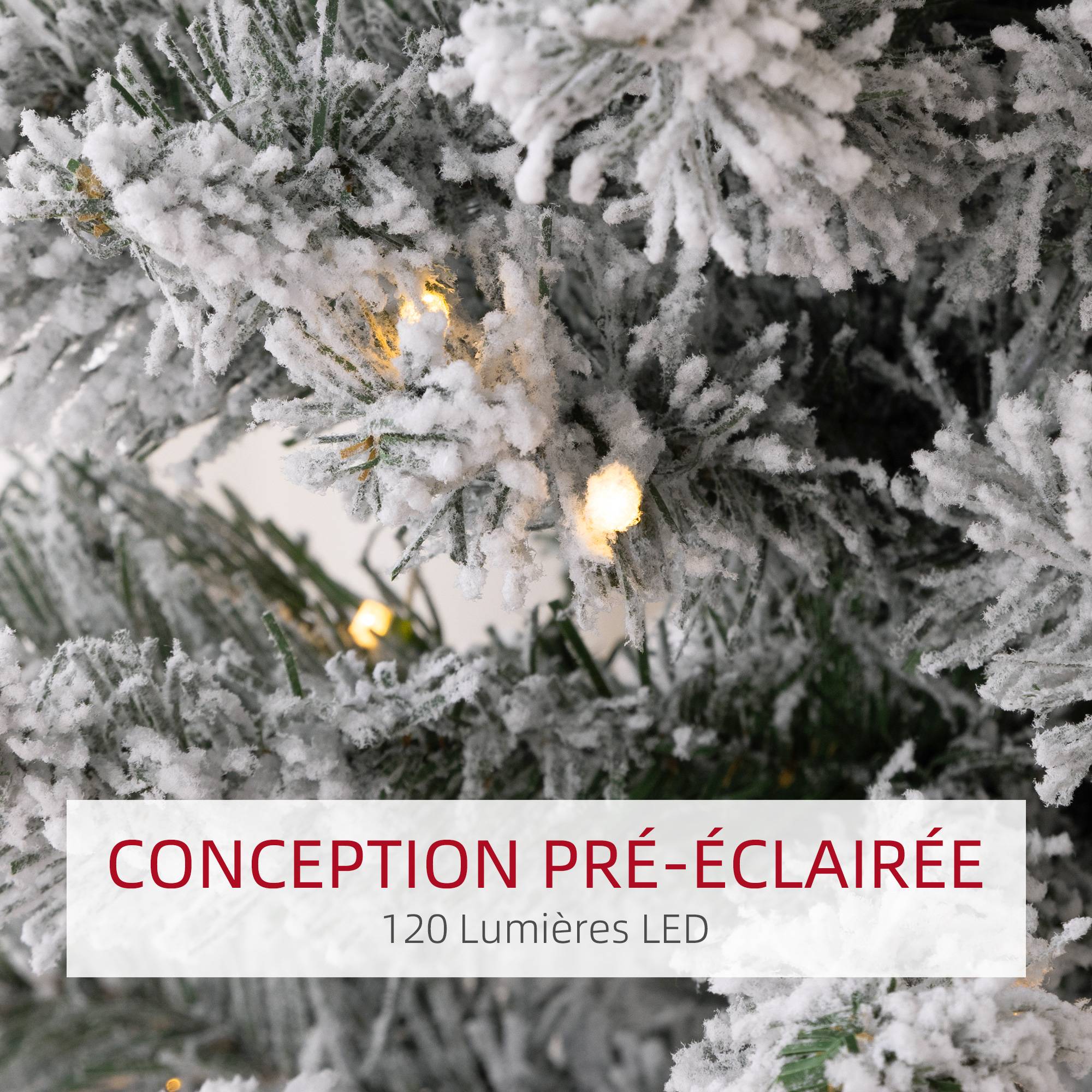 Sapin de Noël artificiel 150 cm avec éclairage LED blanc chaud, 263 branches enneigées, base en métal, réaliste et fin - Image 7