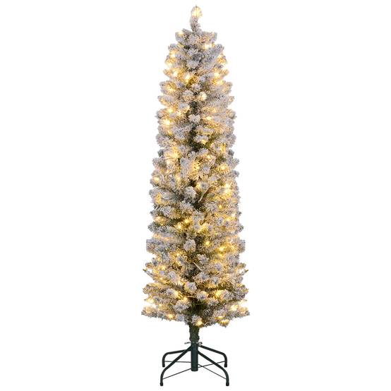 Sapin de Noël artificiel 150 cm avec éclairage LED blanc chaud, 263 branches enneigées, base en métal, réaliste et fin - Image 2