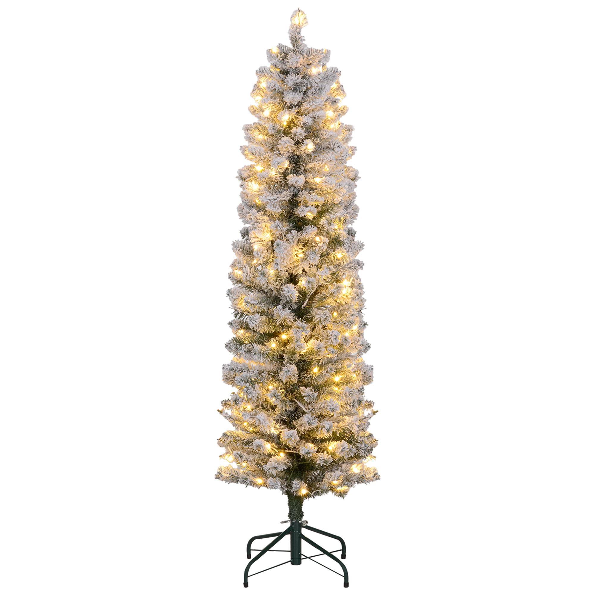 Sapin de Noël artificiel 150 cm avec éclairage LED blanc chaud, 263 branches enneigées, base en métal, réaliste et fin - Image 2