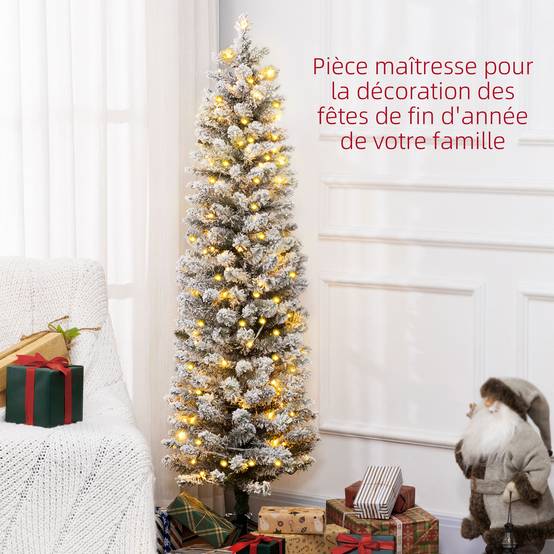 Sapin de Noël artificiel 150 cm avec éclairage LED blanc chaud, 263 branches enneigées, base en métal, réaliste et fin - Image 6