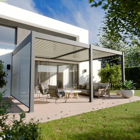 Pergola Bioclimatique Aluminium Adossée 19m² - 3,6x5,3 - Store Latéral - Anthracite - 34 lames Inclinables 120 degrés - HALO - Image 1