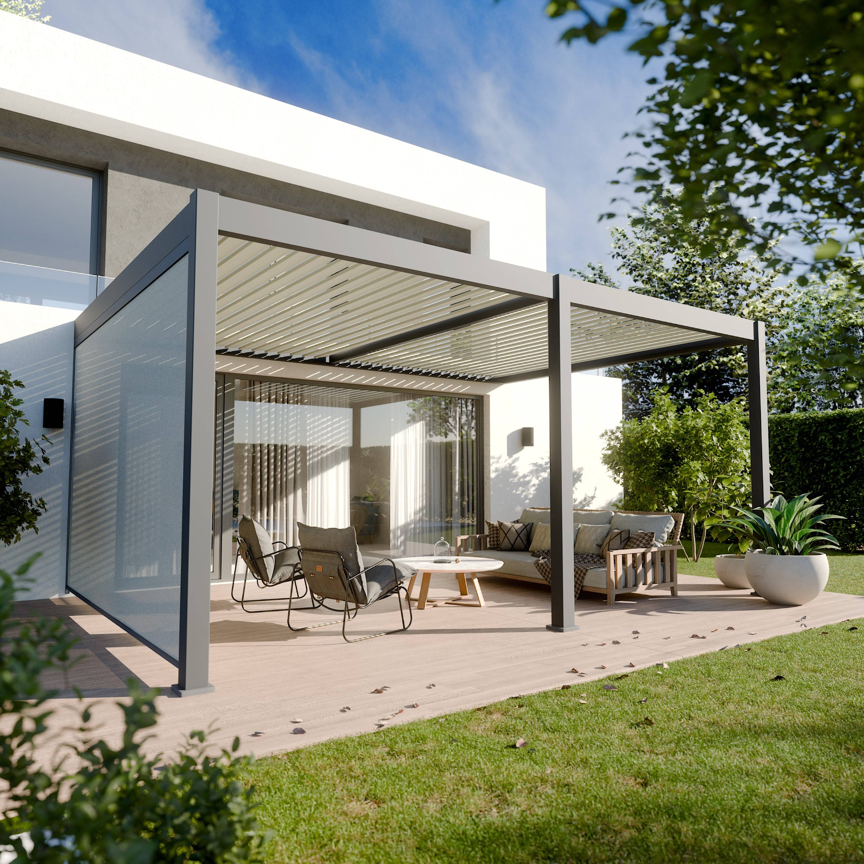 Pergola Bioclimatique Aluminium Adossée 19m² - 3,6x5,3 - Store Latéral - Anthracite - 34 lames Inclinables 120 degrés - HALO - Image 1