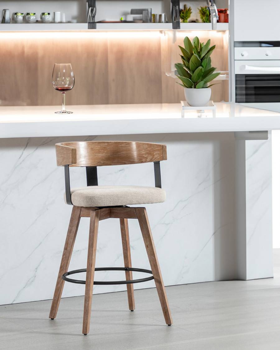 Micha - Chaise de bar en tissu et pieds en bois - UNIQKA - Imagen 2