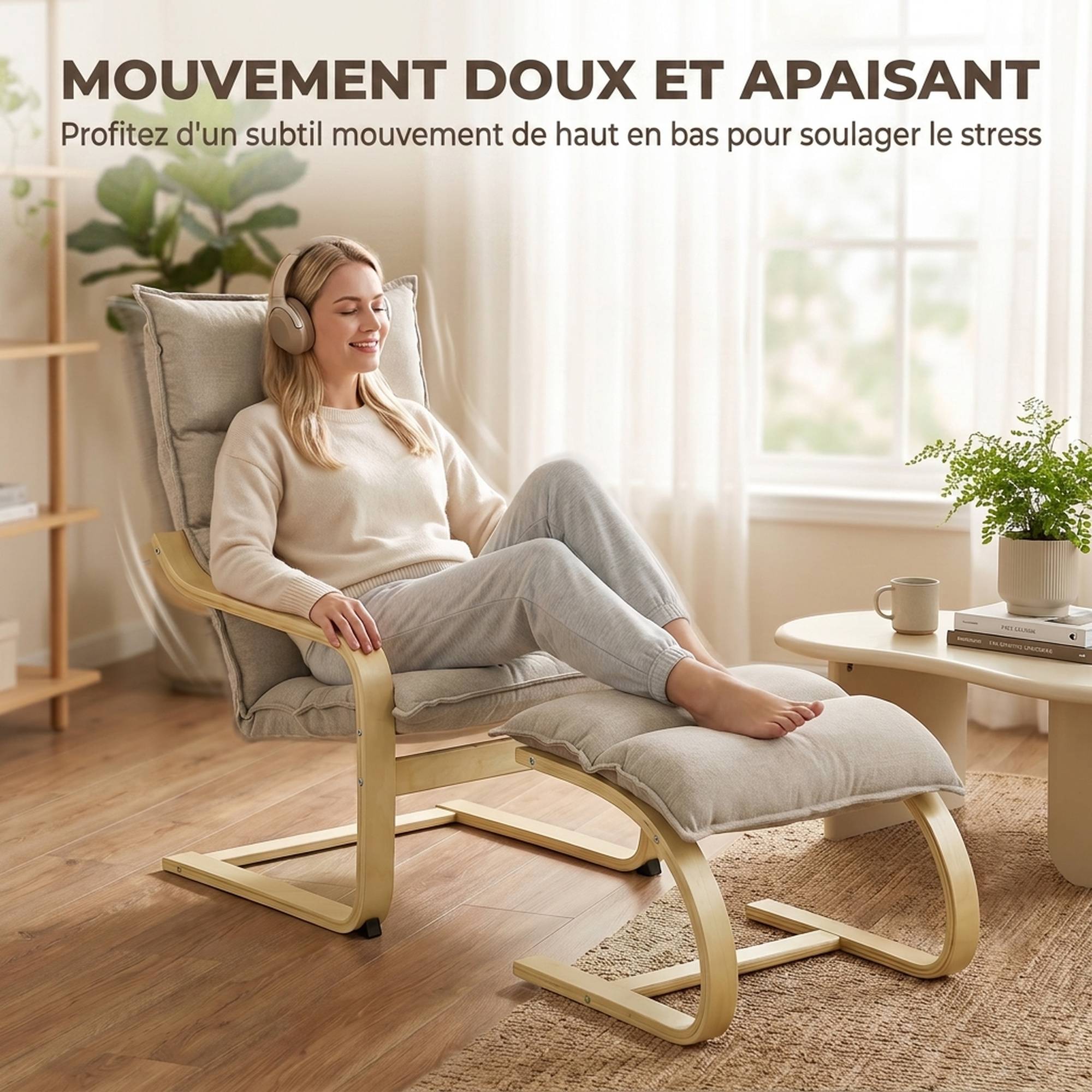 Fauteuil de Salon avec Repose-Pied, Fauteuil d'Appoint en Lin, Assise Large, Dossier Haut, Bascule Douce, Beige - Image 6