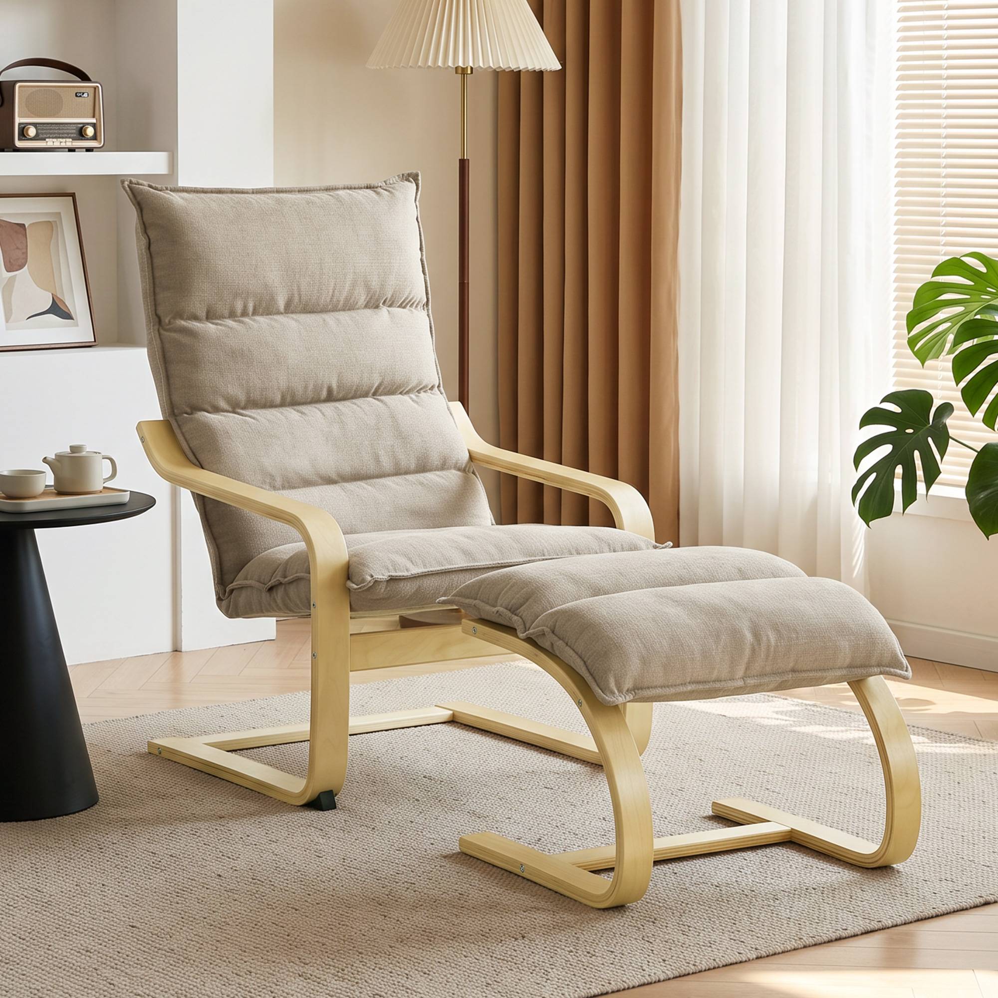 Fauteuil de Salon avec Repose-Pied, Fauteuil d'Appoint en Lin, Assise Large, Dossier Haut, Bascule Douce, Beige - Image 3