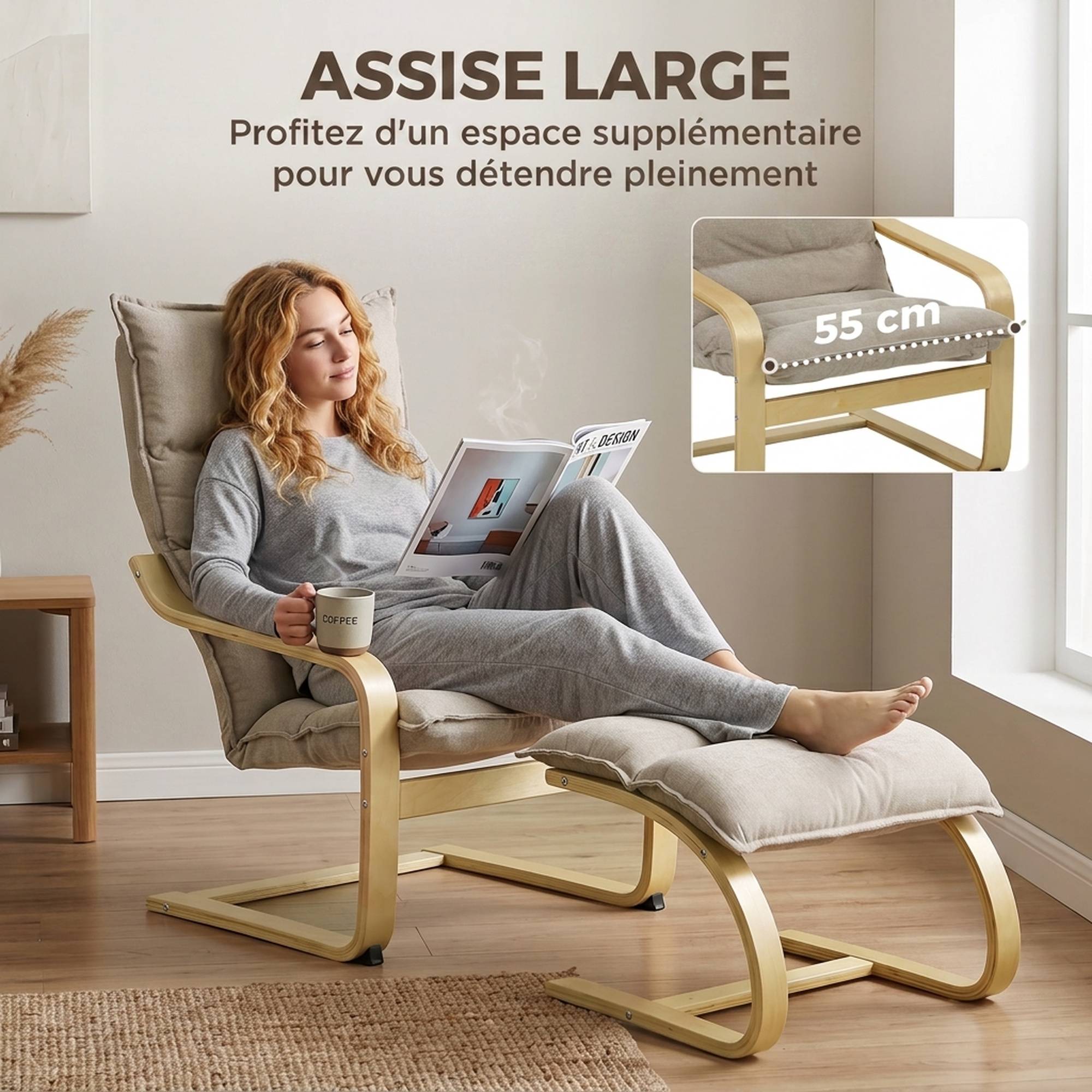 Fauteuil de Salon avec Repose-Pied, Fauteuil d'Appoint en Lin, Assise Large, Dossier Haut, Bascule Douce, Beige - Image 7