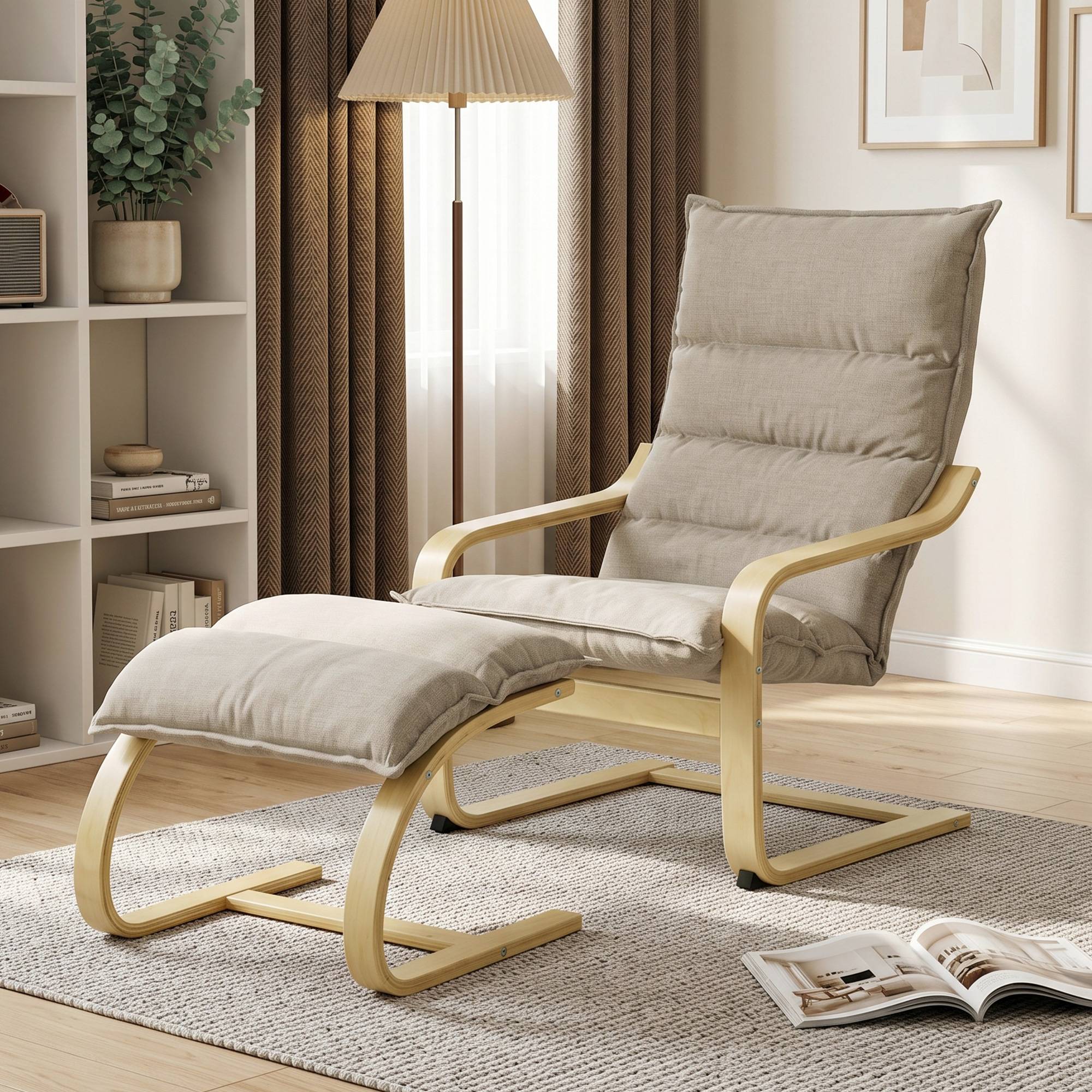 Fauteuil de Salon avec Repose-Pied, Fauteuil d'Appoint en Lin, Assise Large, Dossier Haut, Bascule Douce, Beige - Image 4