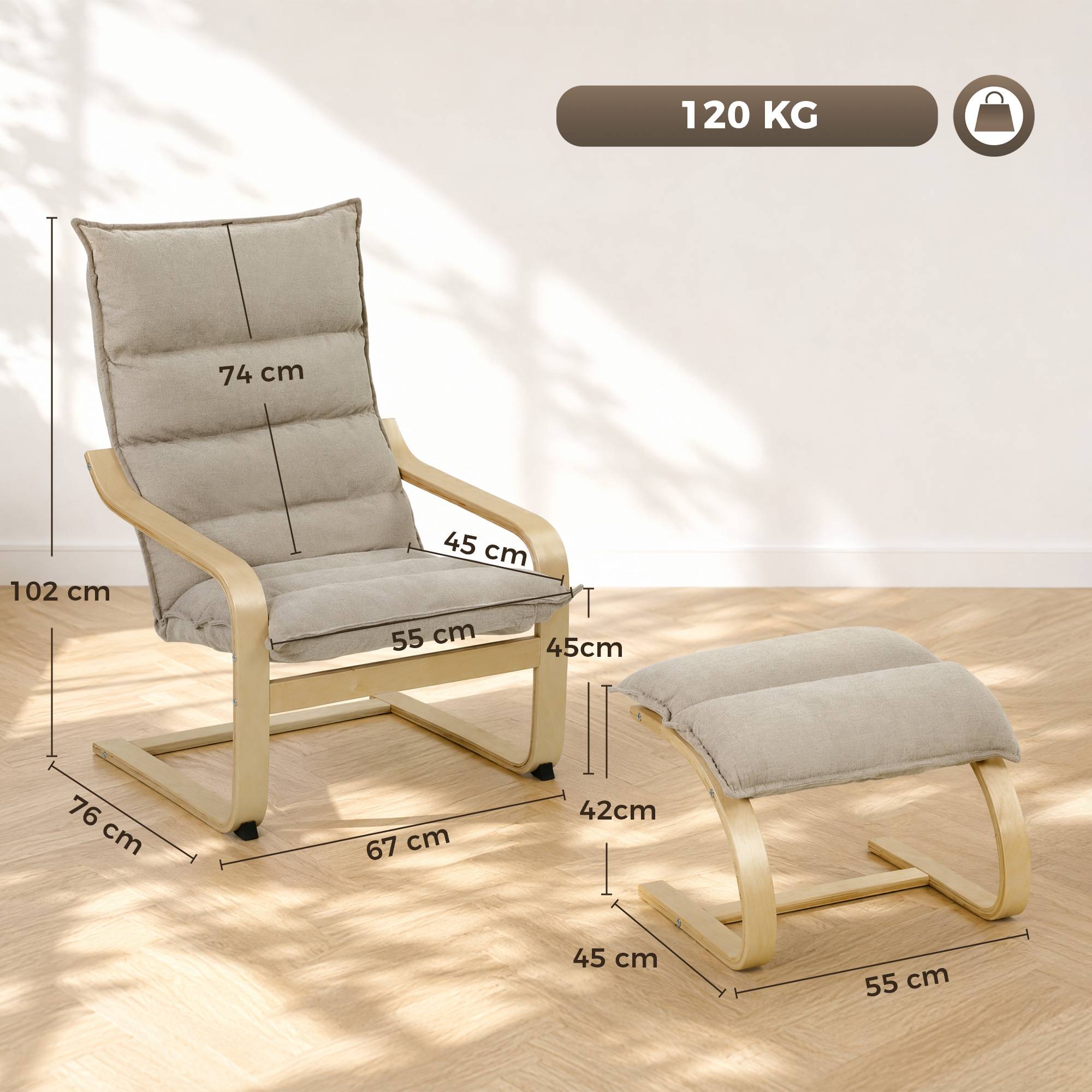 Fauteuil de Salon avec Repose-Pied, Fauteuil d'Appoint en Lin, Assise Large, Dossier Haut, Bascule Douce, Beige - Image 5