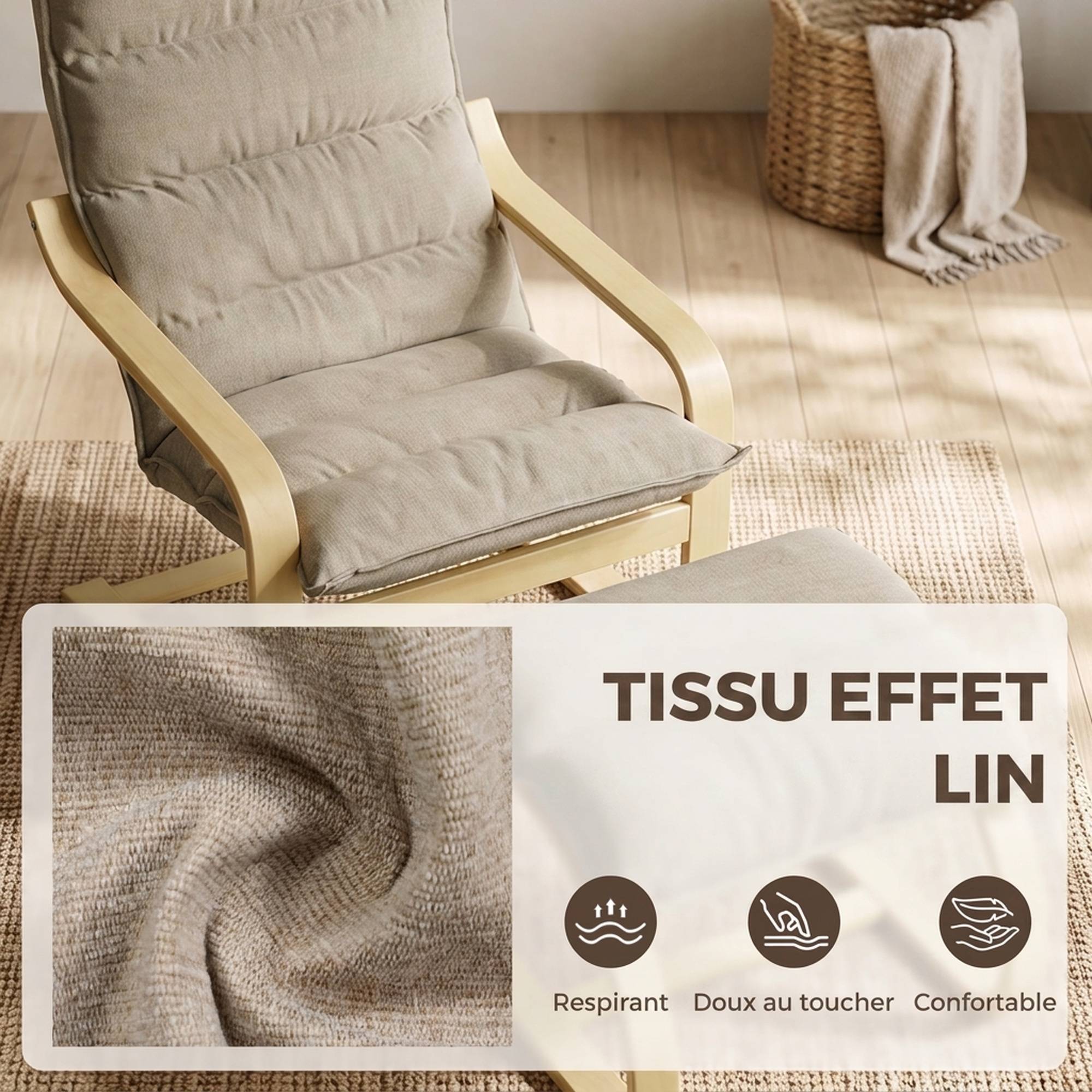 Fauteuil de Salon avec Repose-Pied, Fauteuil d'Appoint en Lin, Assise Large, Dossier Haut, Bascule Douce, Beige - Image 9