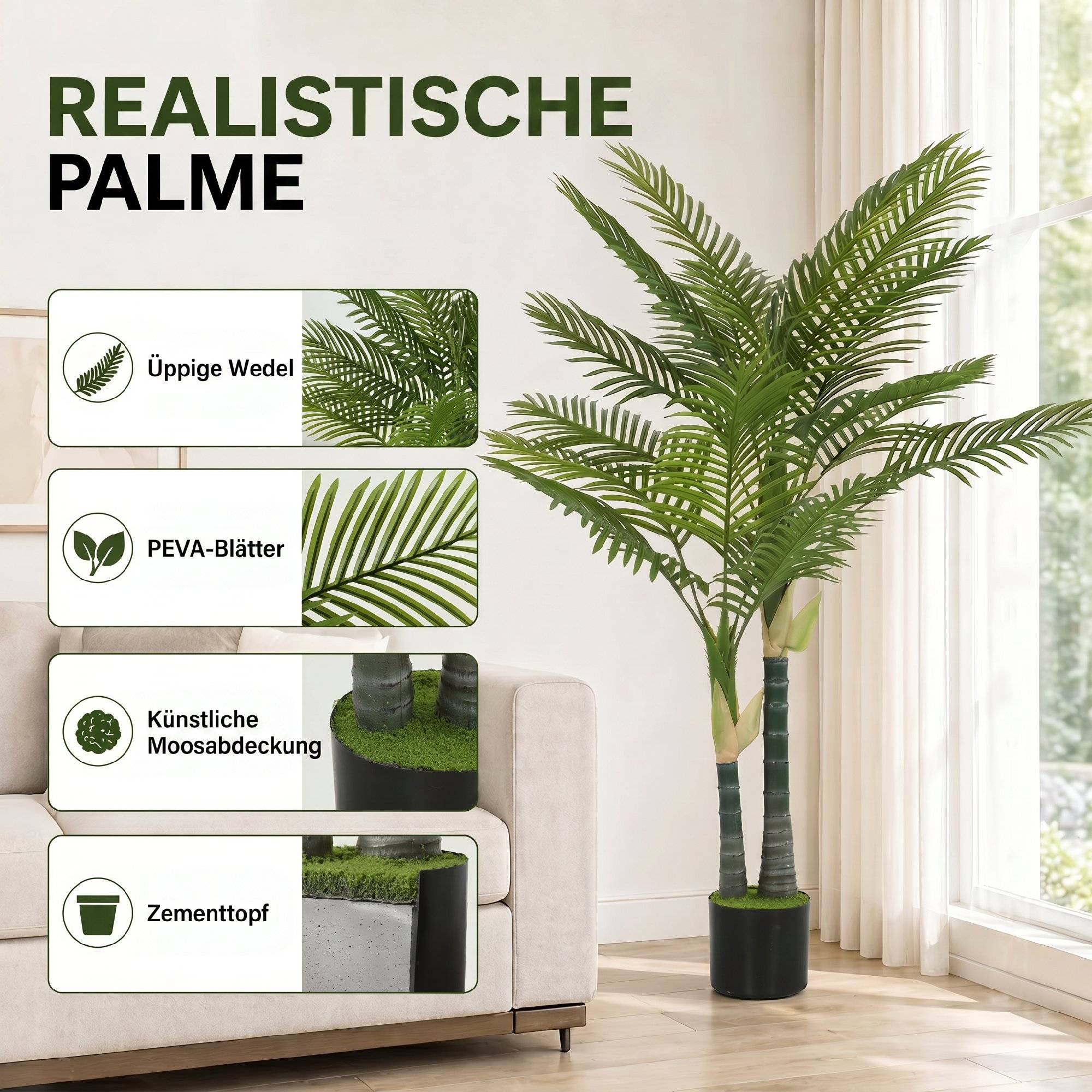 Palmier Artificiel Réaliste PEVA Intérieur Balcon Ambiance Tropicale 150cm Vert - ComfortXL Outdoor Living - Image 6