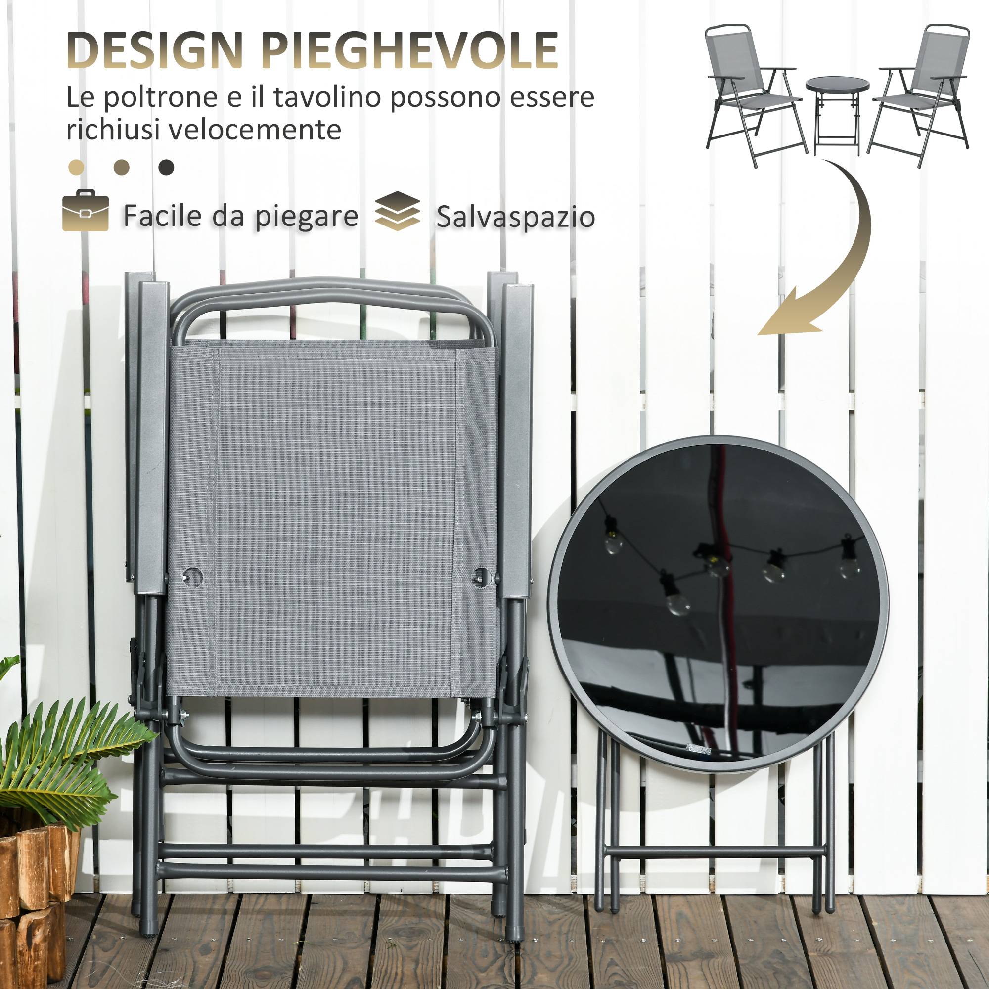 Salon de jardin 3 pièces Métal Verre Balcon Chaises pliables Textilène Gris clair - ComfortXL Outdoor Living - Image 6
