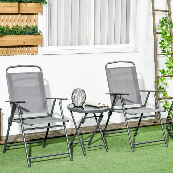 Salon de jardin 3 pièces Métal Verre Balcon Chaises pliables Textilène Gris clair - ComfortXL Outdoor Living - Image 4