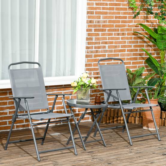 Salon de jardin 3 pièces Métal Verre Balcon Chaises pliables Textilène Gris clair - ComfortXL Outdoor Living - Image 3