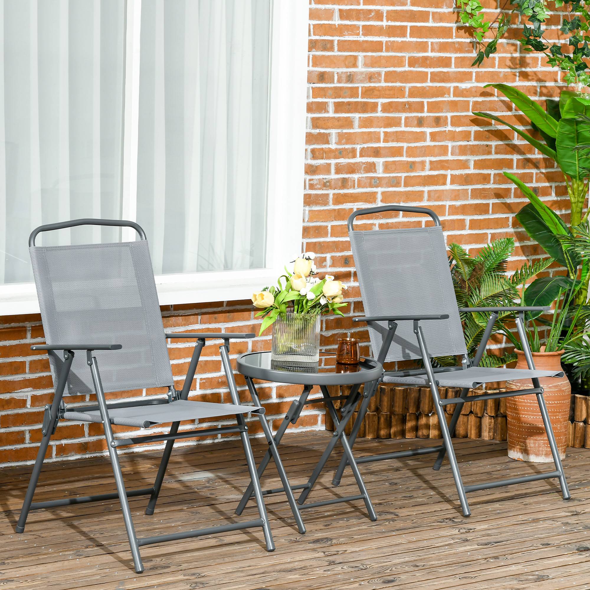 Salon de jardin 3 pièces Métal Verre Balcon Chaises pliables Textilène Gris clair - ComfortXL Outdoor Living - Image 3