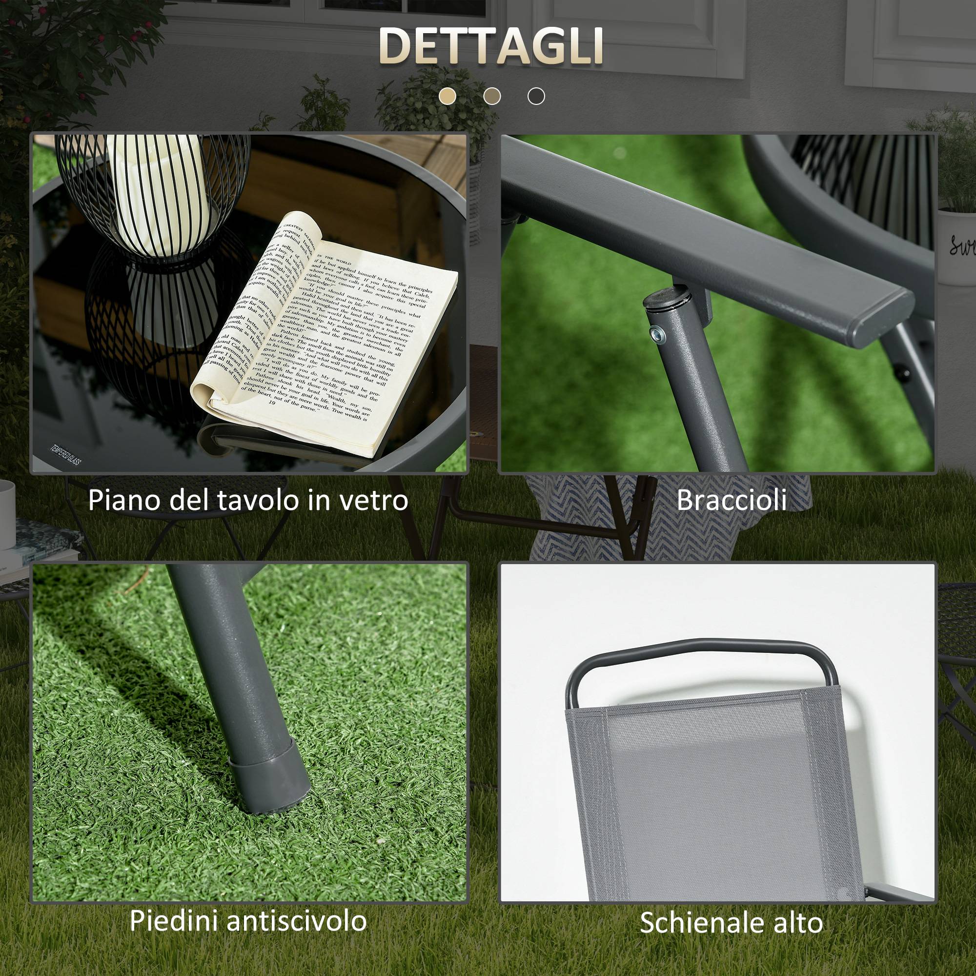 Salon de jardin 3 pièces Métal Verre Balcon Chaises pliables Textilène Gris clair - ComfortXL Outdoor Living - Image 9