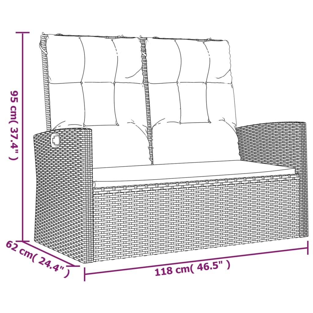 Helloshop26 - Banc de jardin meuble de patio d'extérieur terrasse inclinable et coussins noir 118 x 62 x 95 cm résine tressée - Imagen 7