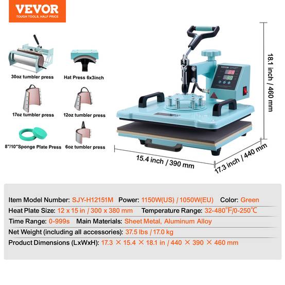 VEVOR Presse à chaud 8-en-1 plaque 30x38 cm, machine sublimation avec presse tasses, pivotant 360°. - Image 7