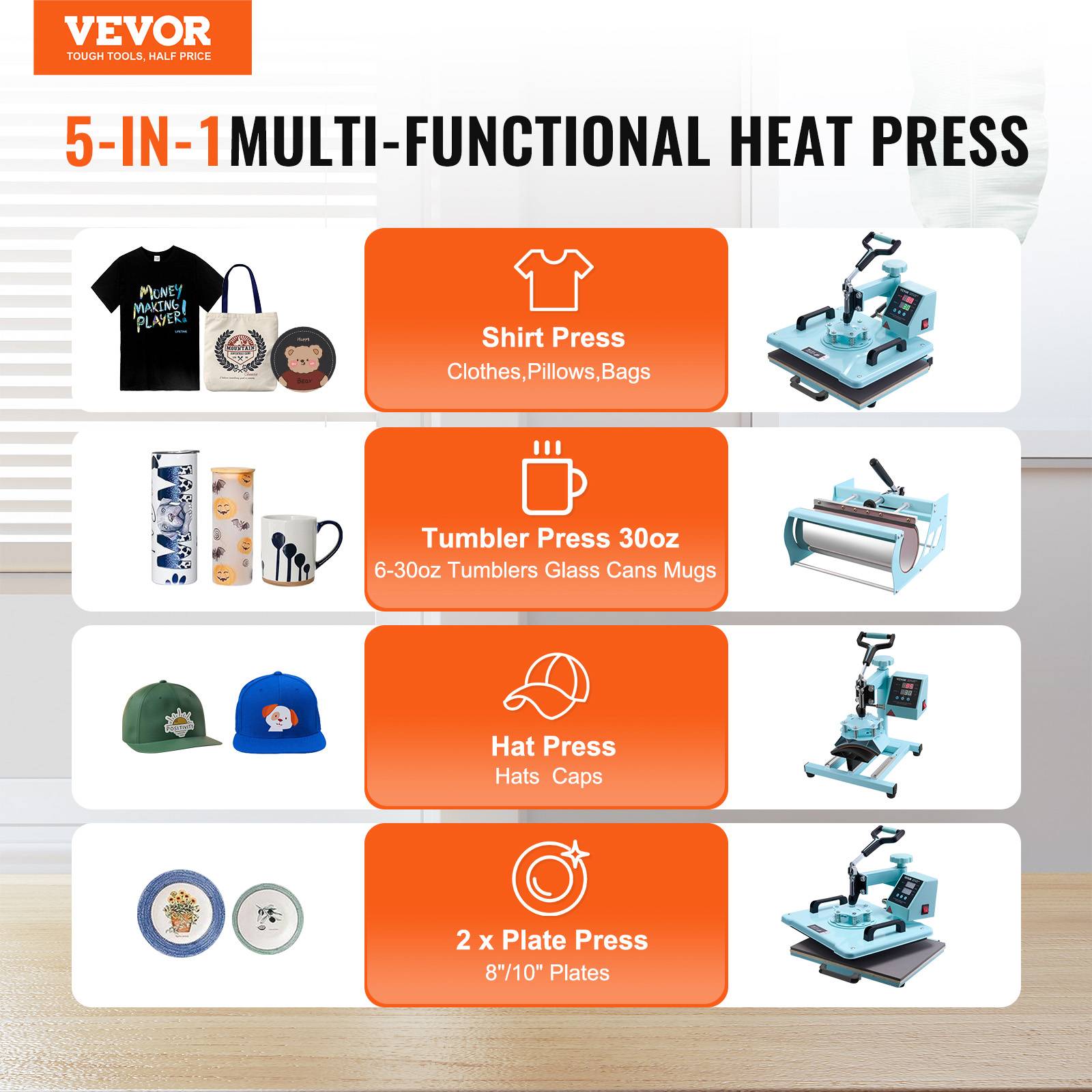 VEVOR Presse à chaud 8-en-1 plaque 30x38 cm, machine sublimation avec presse tasses, pivotant 360°. - Image 2