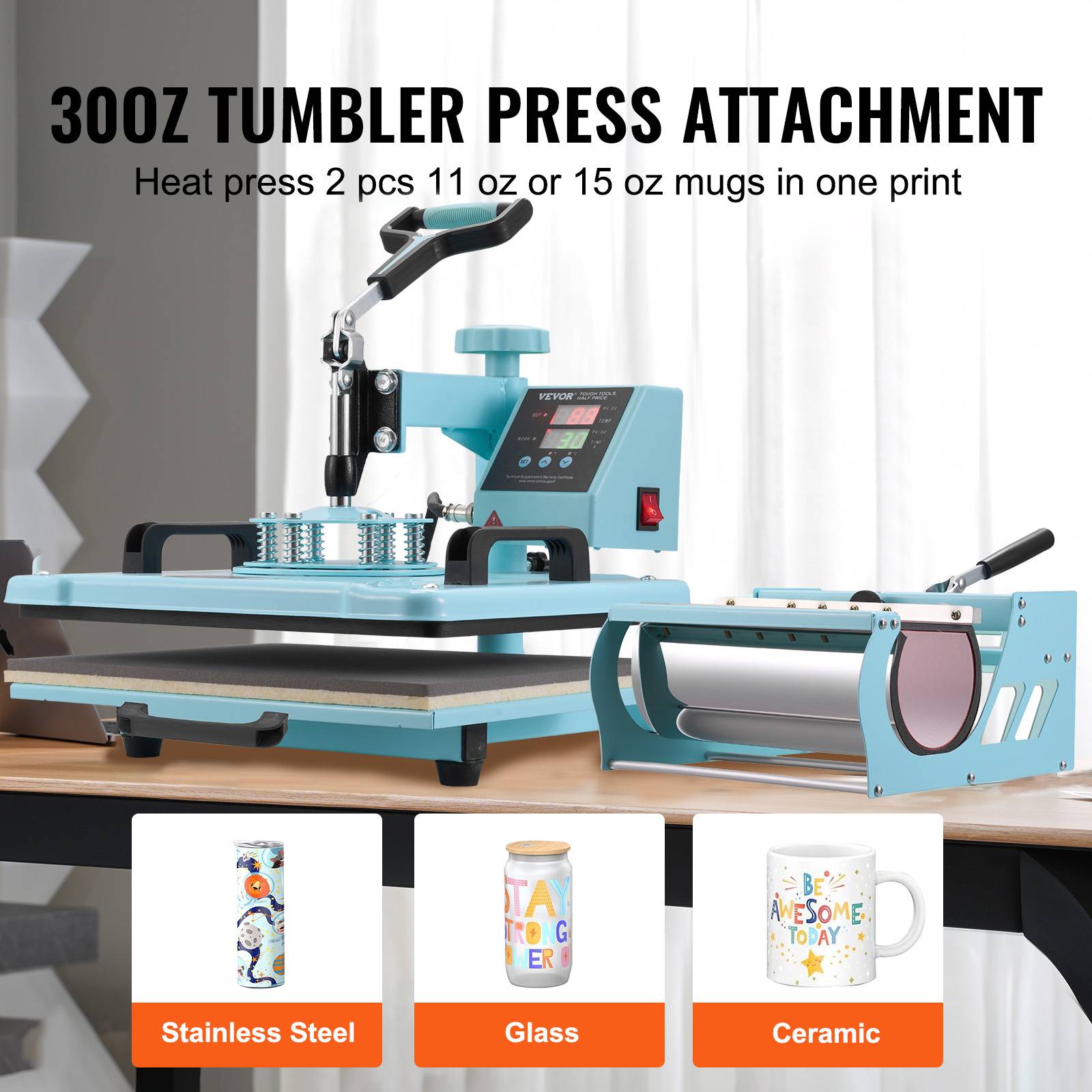 VEVOR Presse à chaud 8-en-1 plaque 30x38 cm, machine sublimation avec presse tasses, pivotant 360°. - Image 3