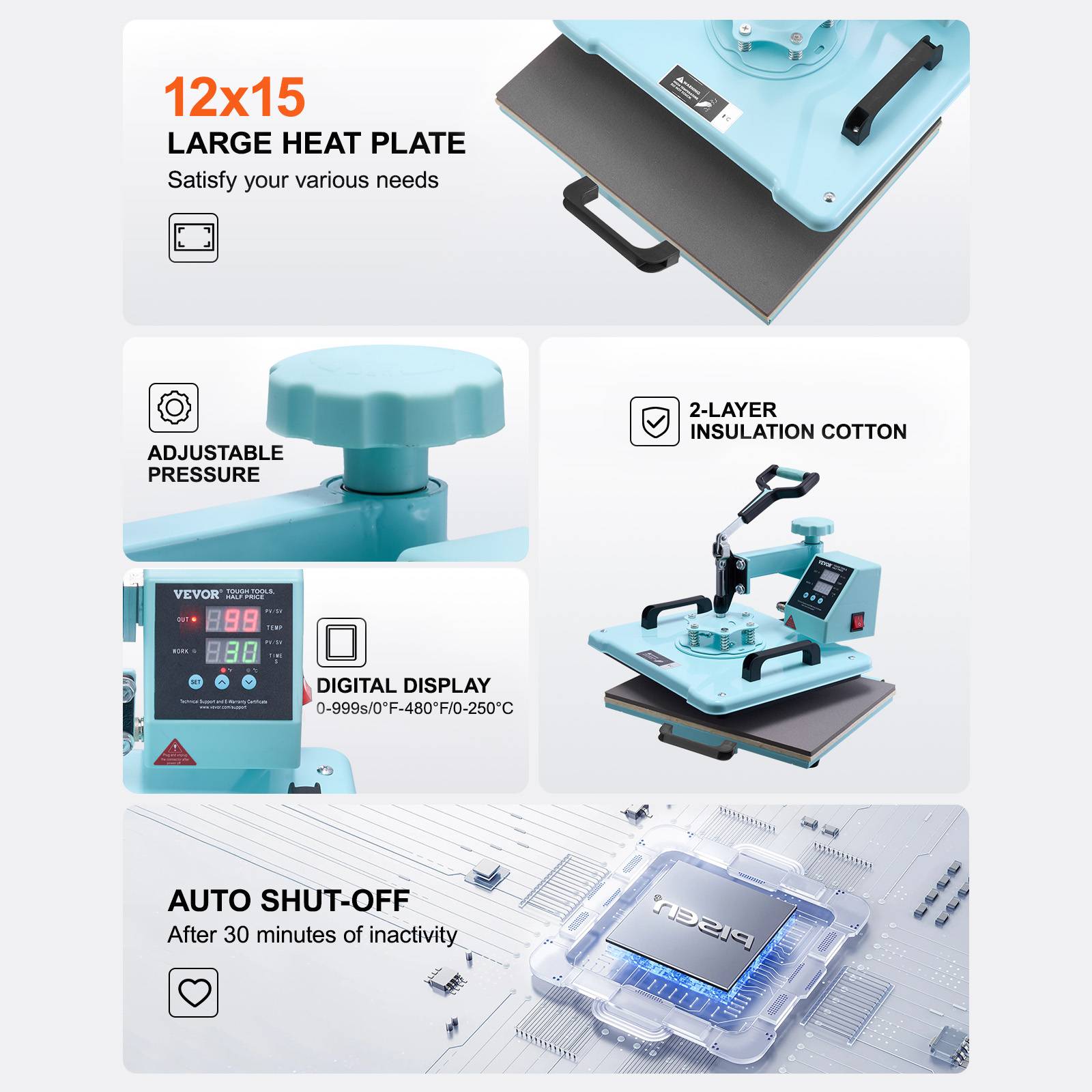 VEVOR Presse à chaud 8-en-1 plaque 30x38 cm, machine sublimation avec presse tasses, pivotant 360°. - Image 6