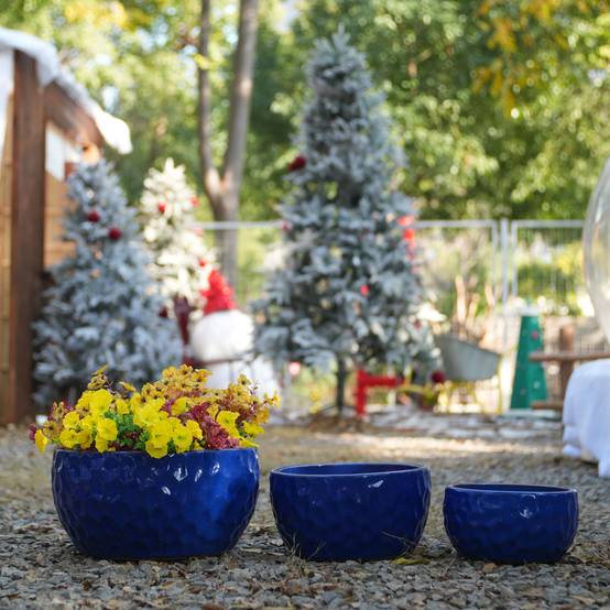 Lot de 3 Pots de Fleurs en Céramique Intérieur Extérieur Texturé Bleu Cobalt - ComfortXL Outdoor Living - Image 9