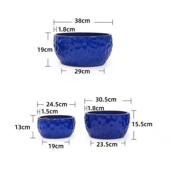 Lot de 3 Pots de Fleurs en Céramique Intérieur Extérieur Texturé Bleu Cobalt - ComfortXL Outdoor Living - Image 3